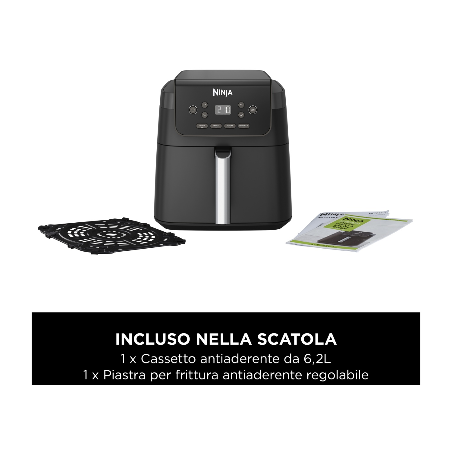Friggitrice ad aria nera con pannello comandi, griglia e manuale. Incluso in scatola.