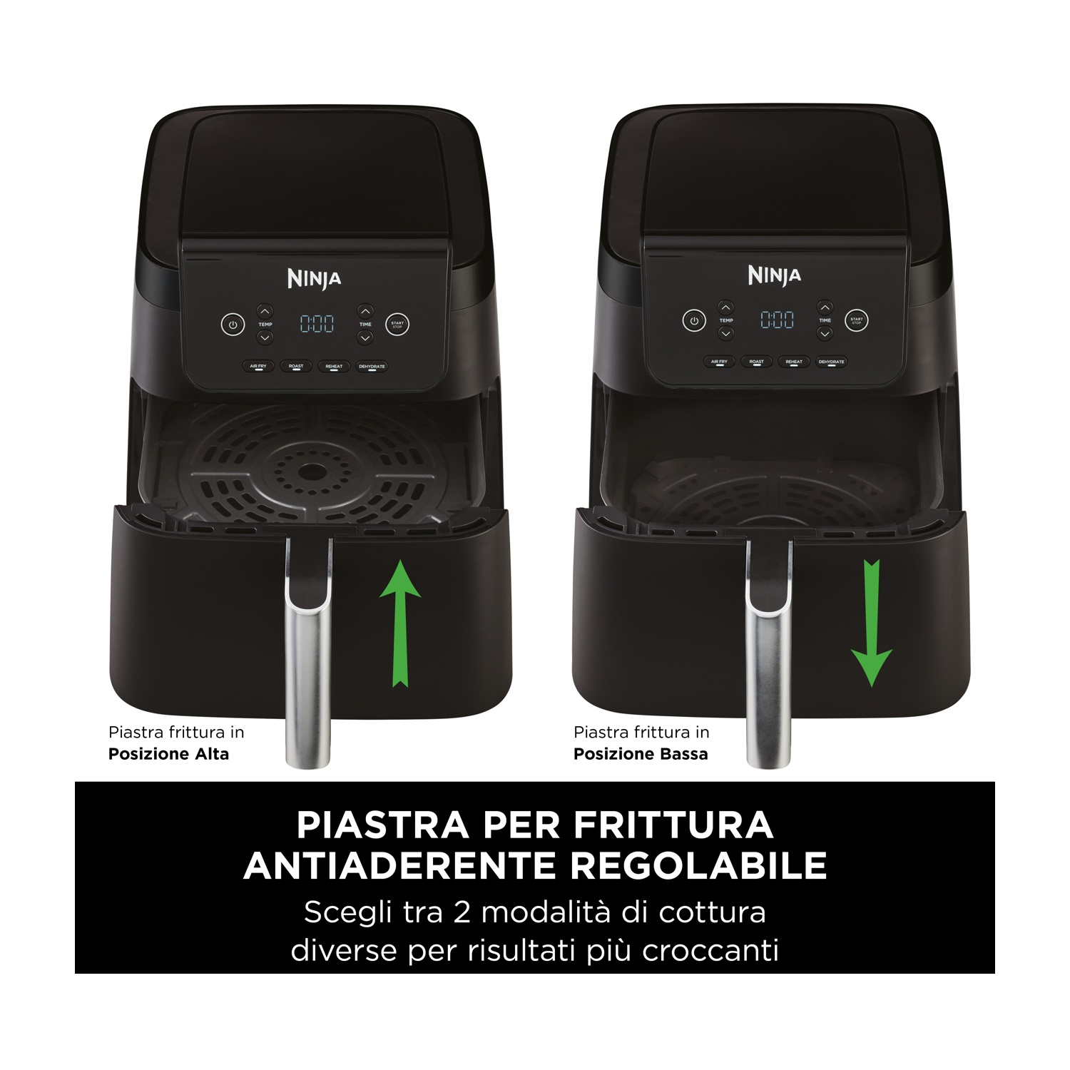 Due friggitrici ad aria Ninja nere affiancate, una con cestello alto, una basso.