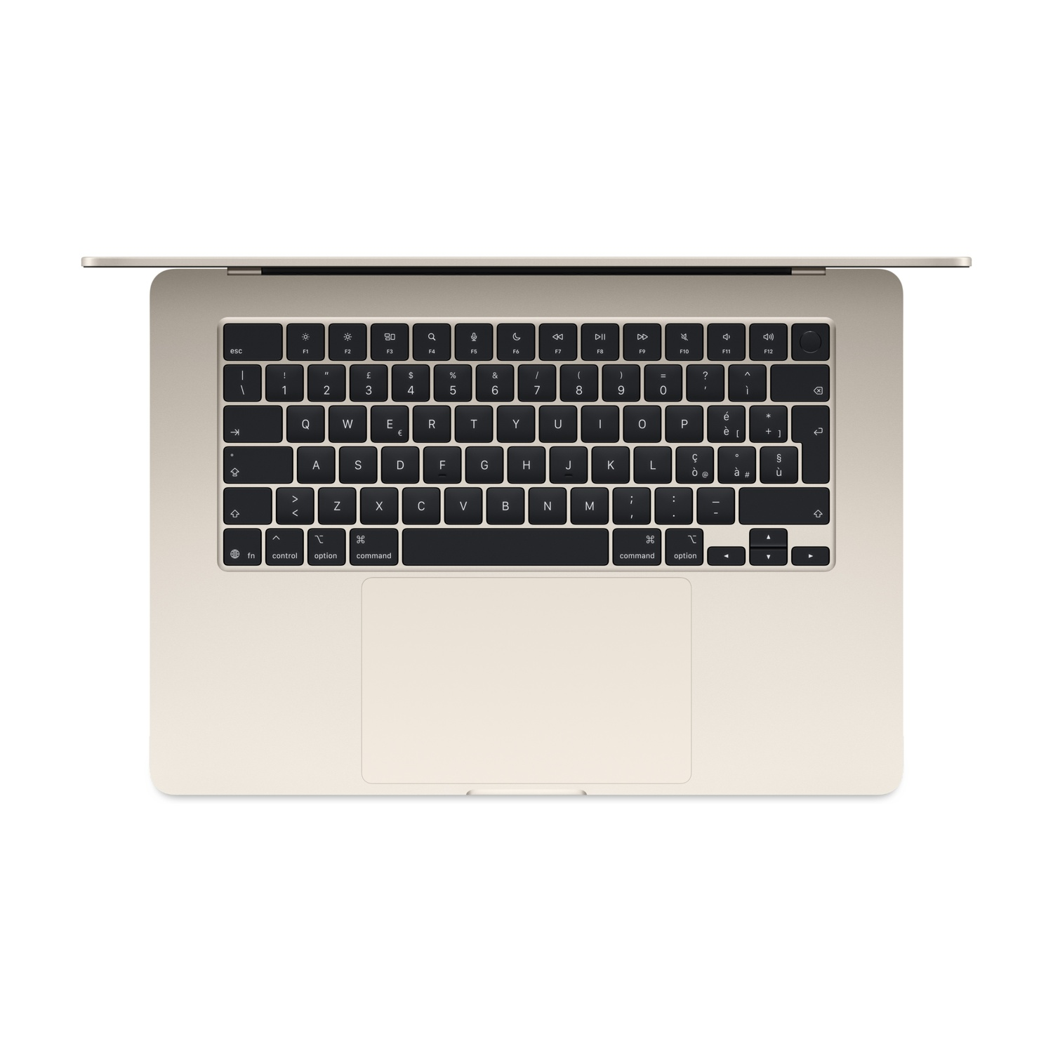 Un laptop dorato, visto dall'alto, mostra tastiera e trackpad.