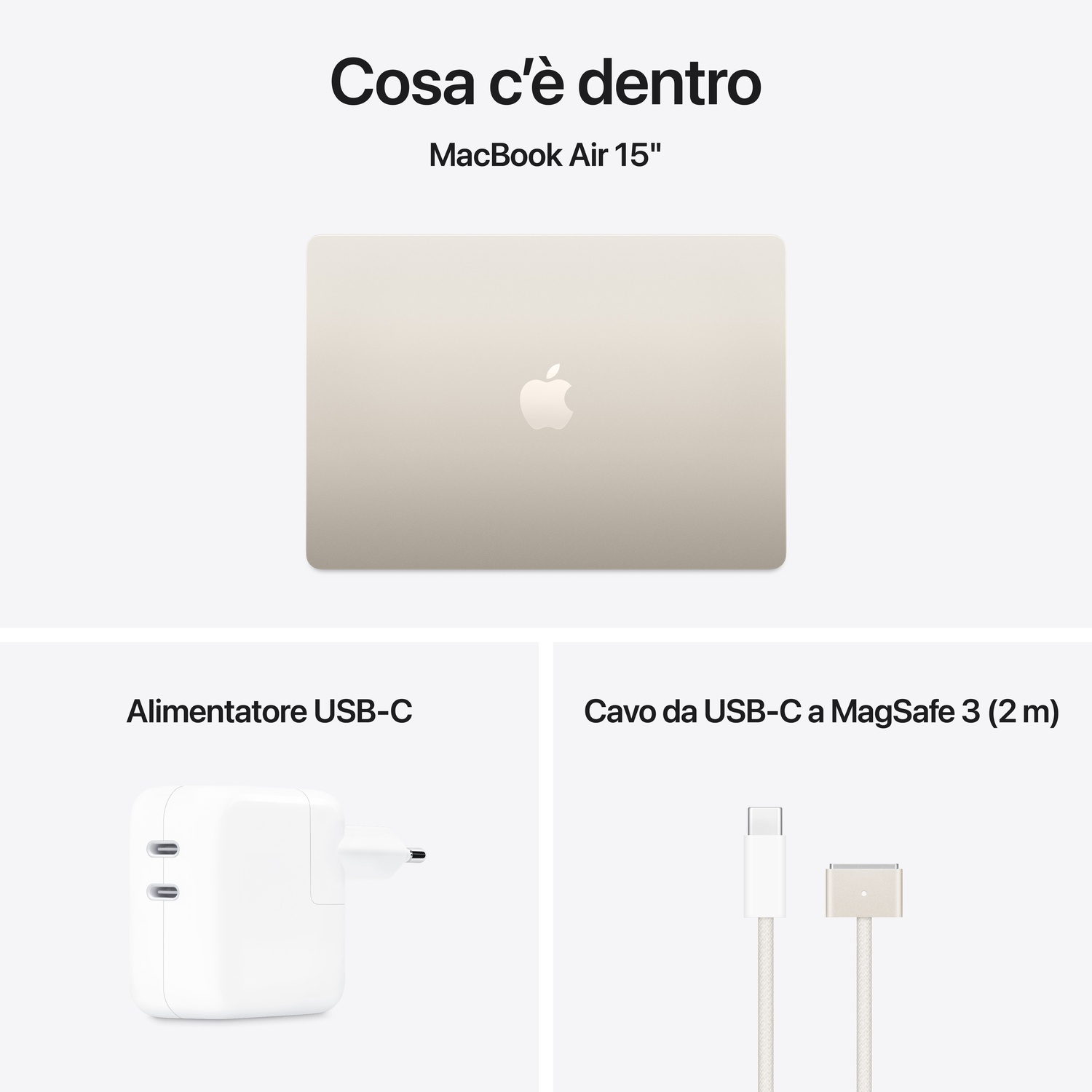 Un MacBook Air 15" con alimentatore e cavo MagSafe 3.