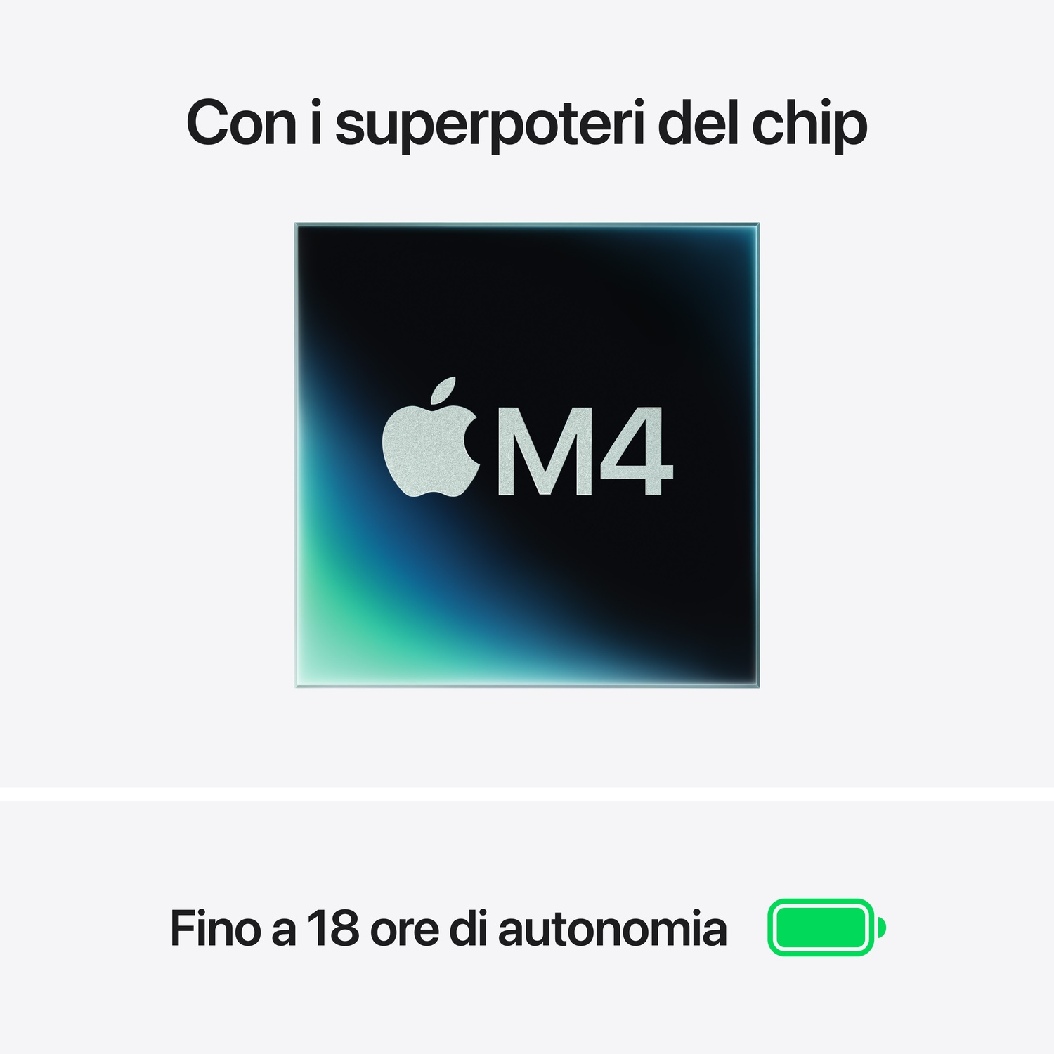 Logo Apple e chip M4 su gradiente. Sotto: icona batteria.