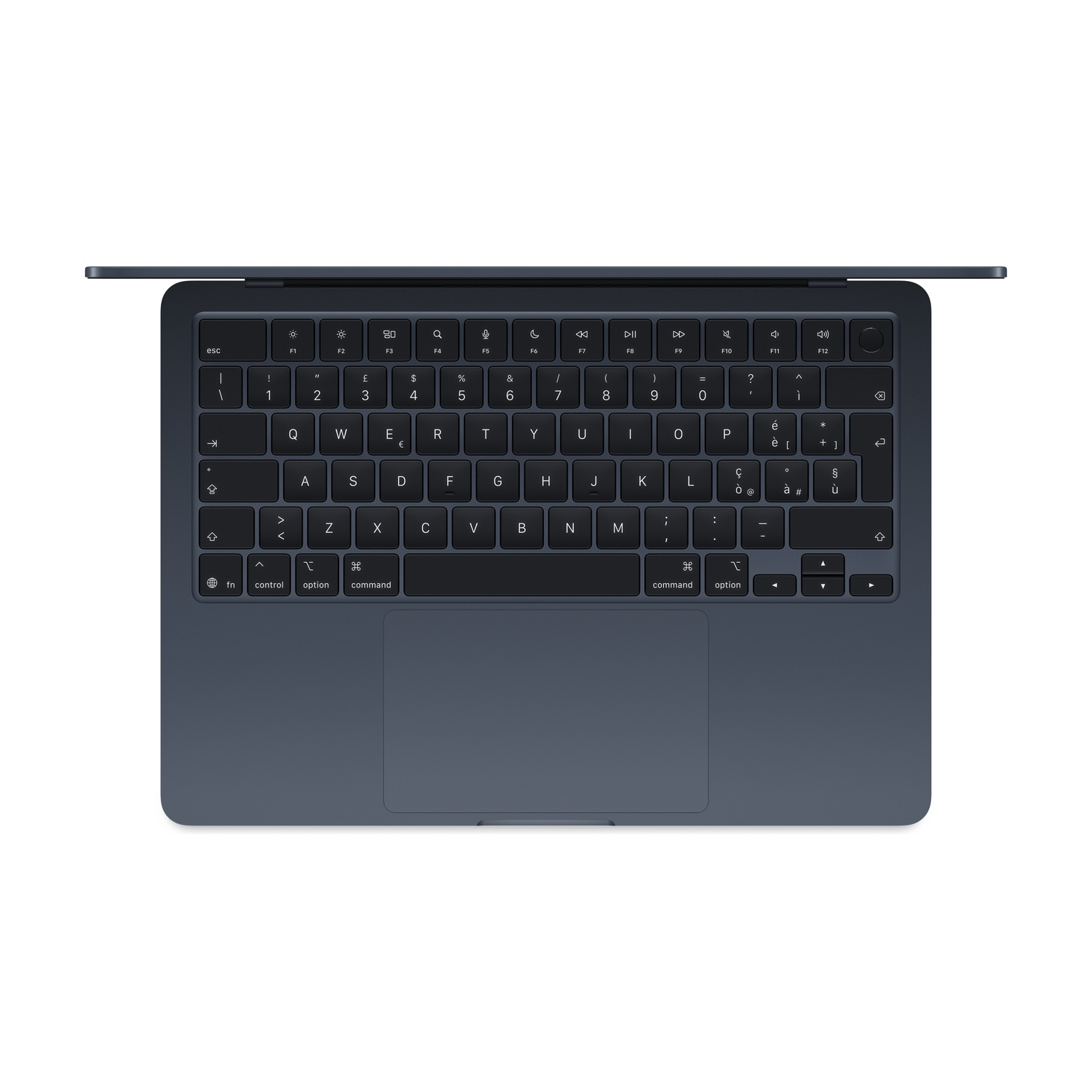 Laptop blu scuro, aperto, mostra tastiera e trackpad.