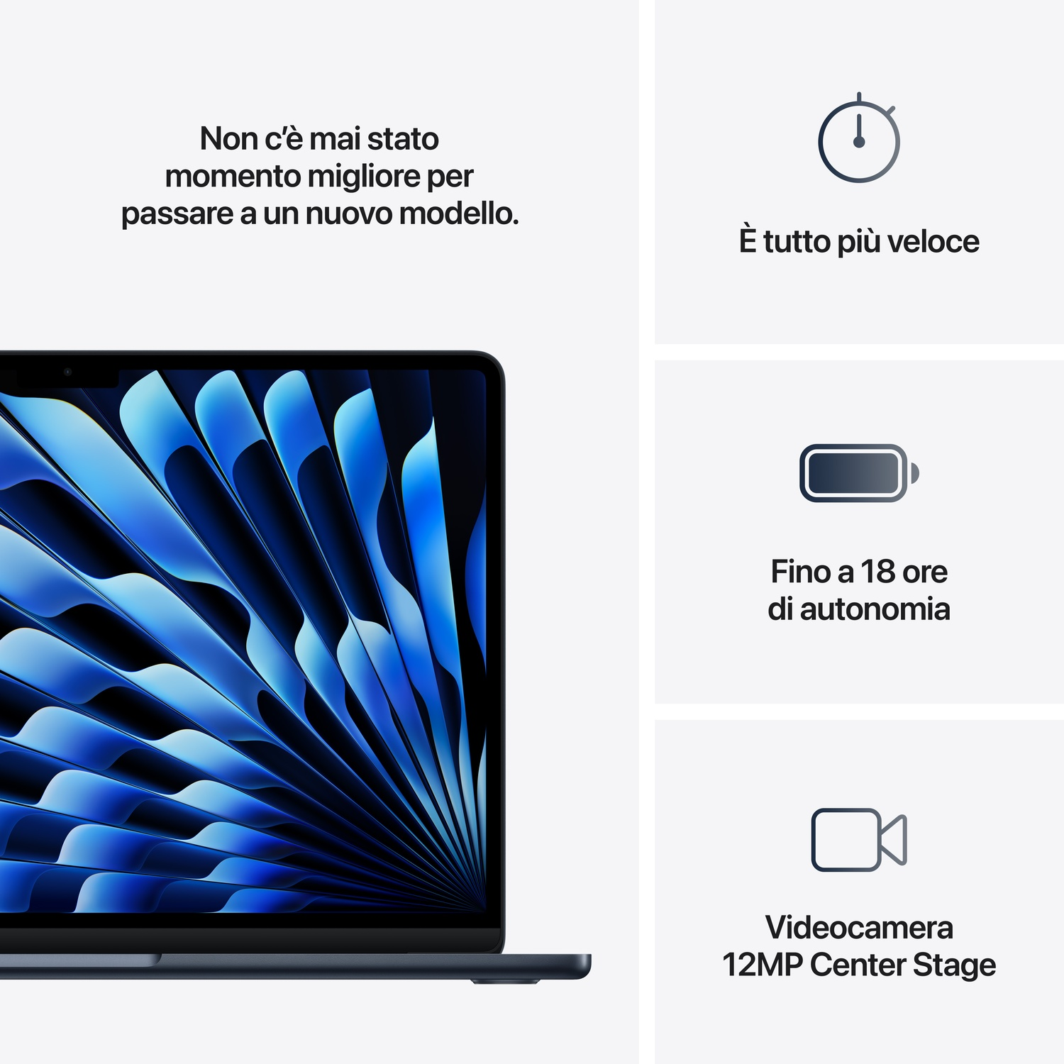 Un laptop con sfondo blu, testo su velocità, autonomia e fotocamera.