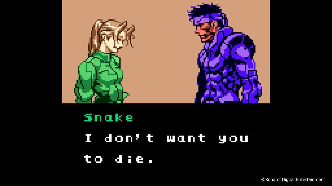 Pixel-Art von Snake in Lila und einer Frau in Grün, die sich gegenüberstehen.