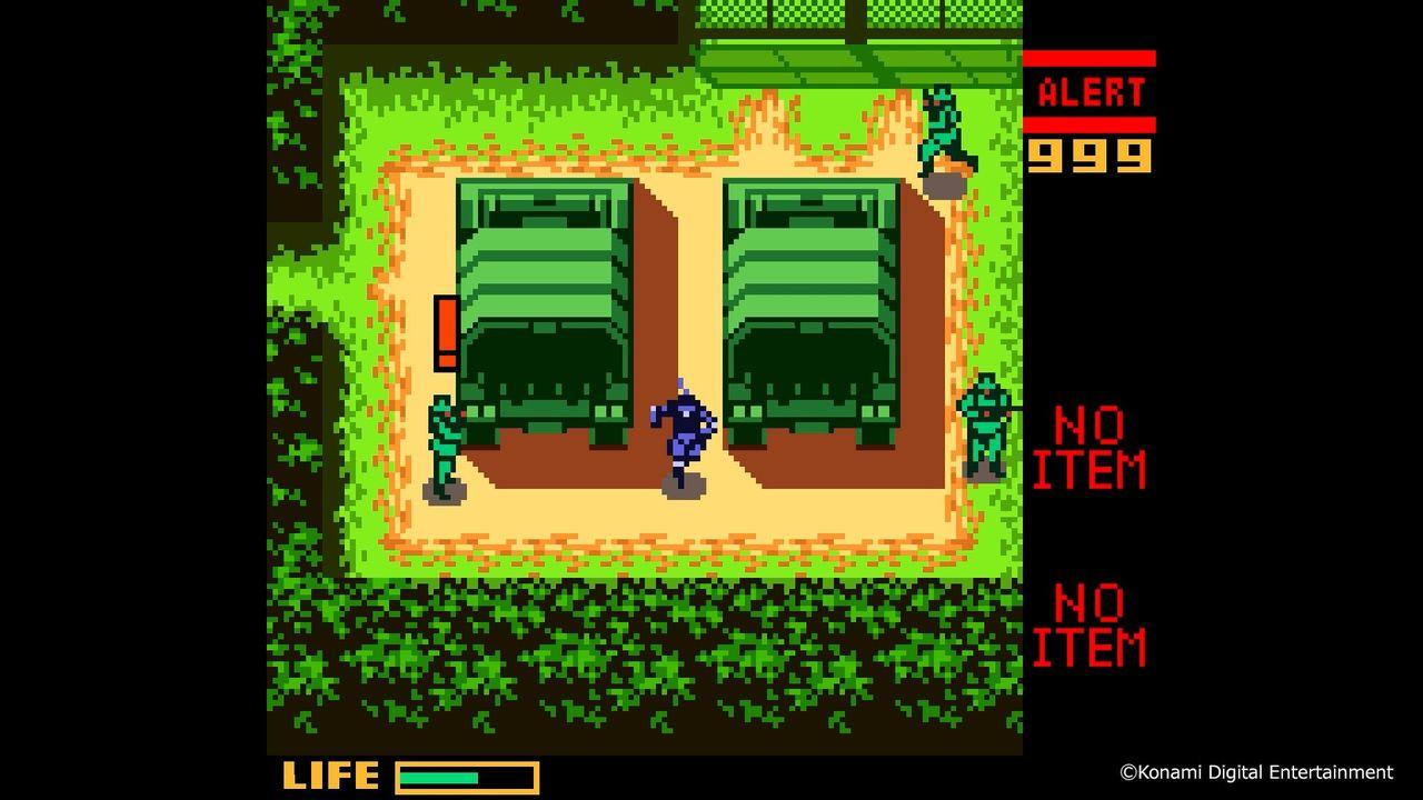 Pixelgrafik: Ein Spielercharakter in Blau schleicht sich an zwei grünen Militärfahrzeugen vorbei.