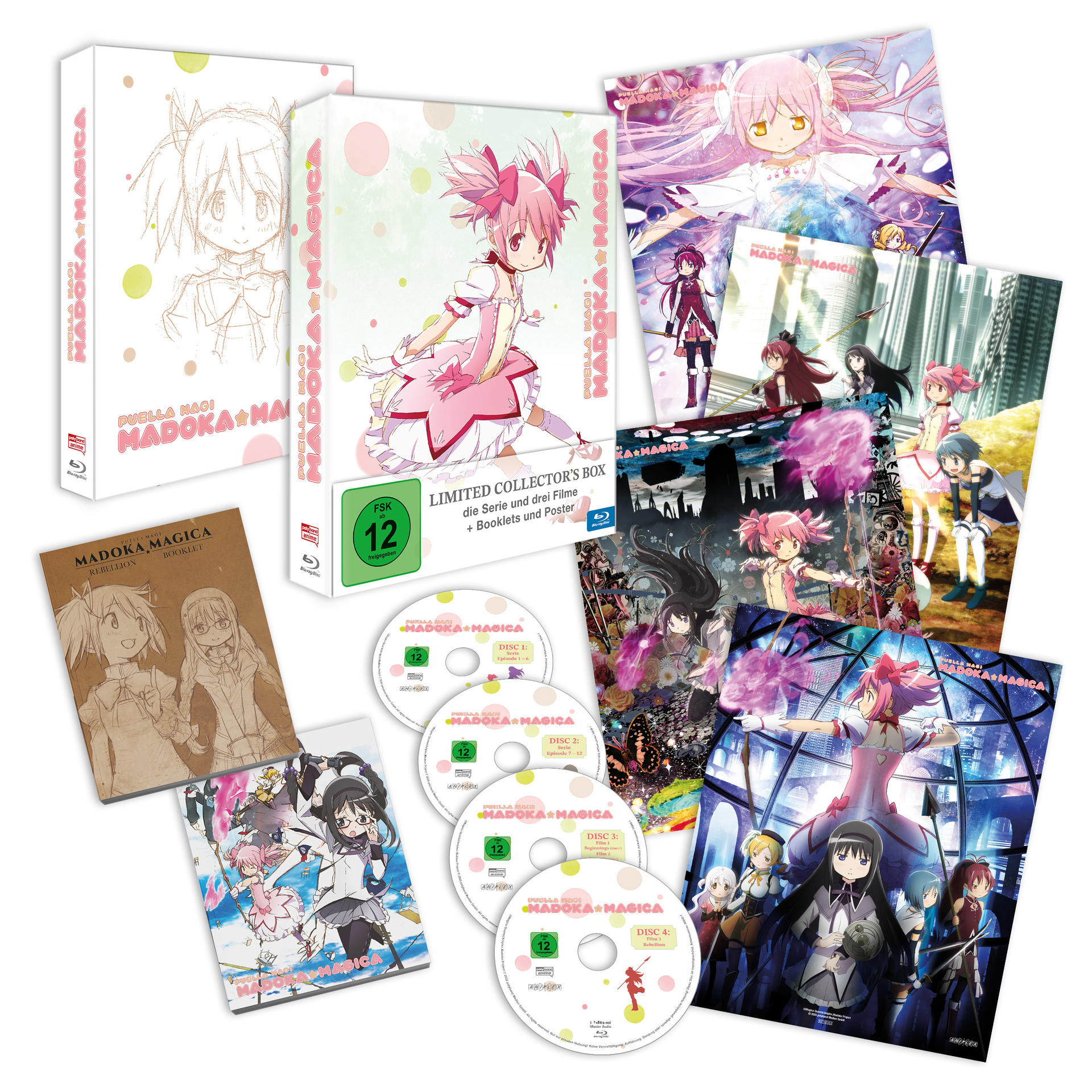 Collector's Box mit Anime-Figuren, Discs und Booklets. Madoka Magica im Fokus.