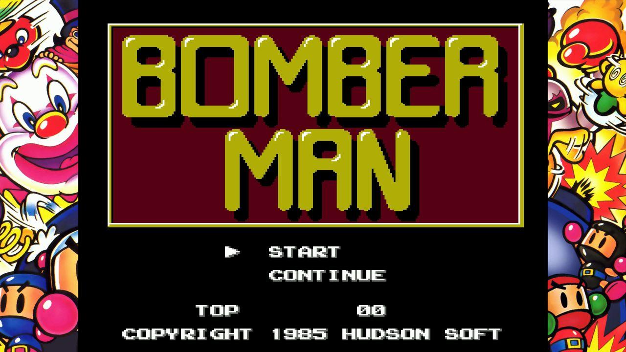 Bomber Man Titelbildschirm mit Clowns, Figuren und Spieloptionen.