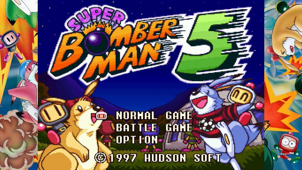 Super Bomberman 5 Titelbildschirm mit Charakteren und Menüoptionen.