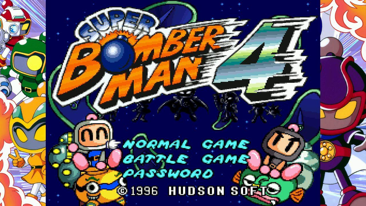 Super Bomberman 4 Titelbildschirm mit Charakteren und Menüoptionen.