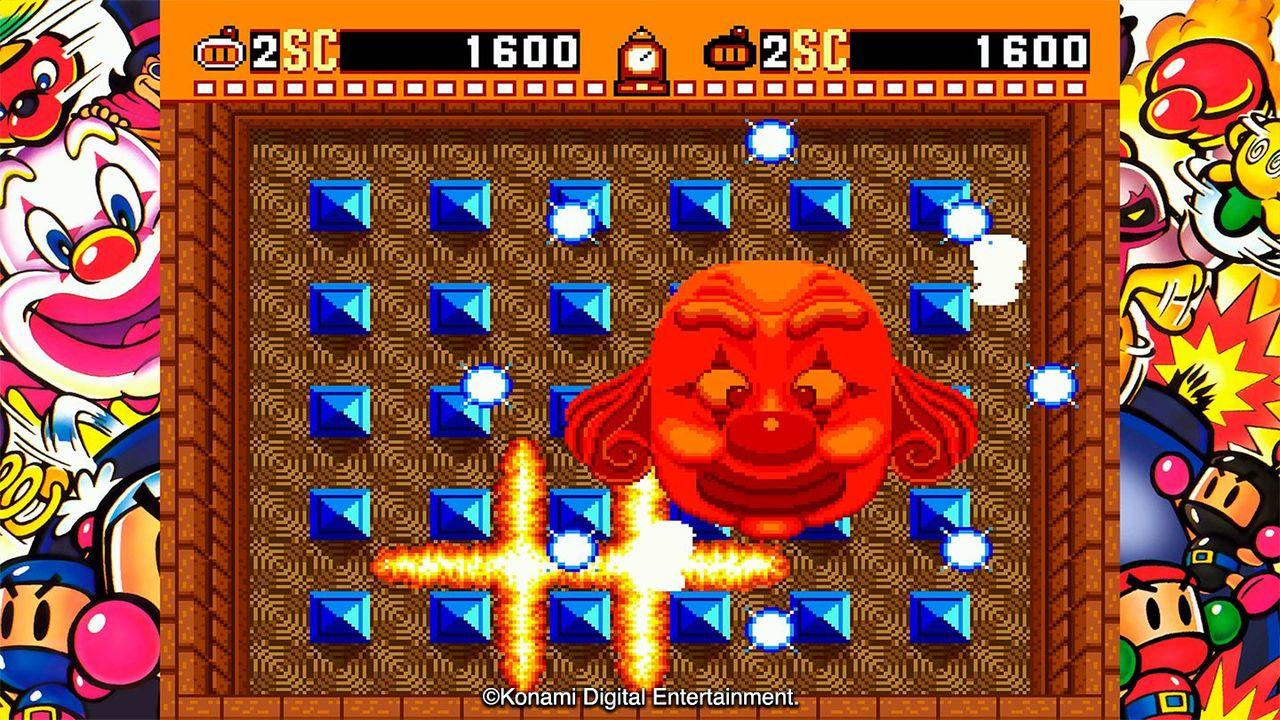 Ein rotes Clown-Gesicht mit Flammen und blauen Blöcken in einem Videospiel.