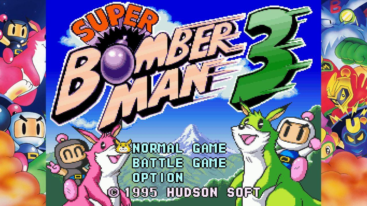 Super Bomberman 3 Titelbild mit Charakteren und Menüoptionen.