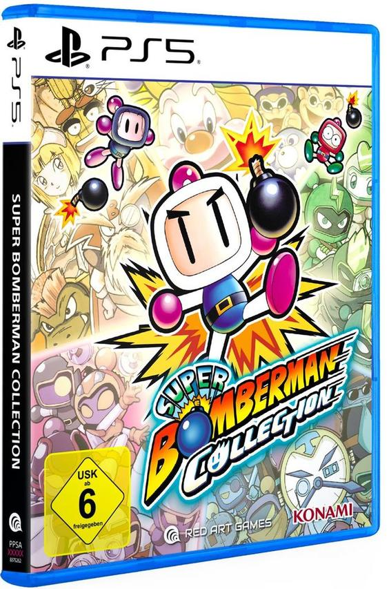 Cover des PS5 Spiels Super Bomberman Collection mit vielen Charakteren und Bomben.
