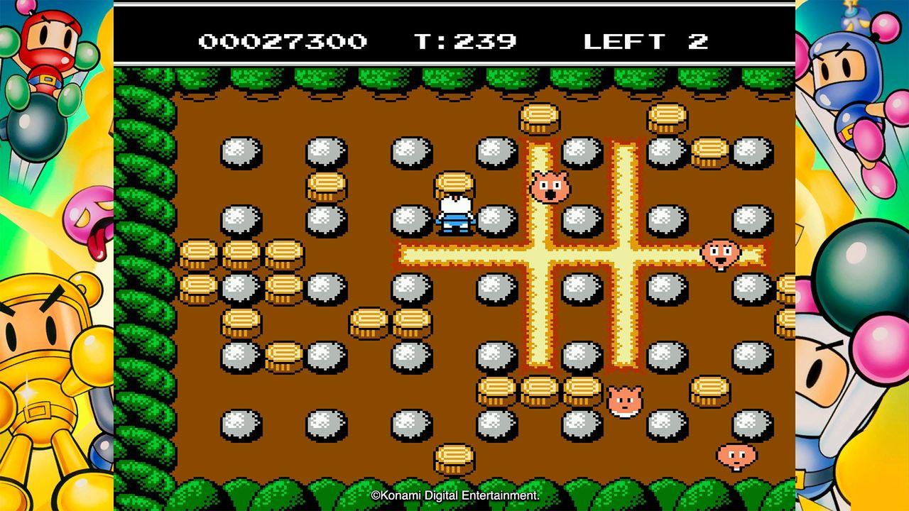 Ein Videospielbild mit Bomberman, Münzen und Steinen.