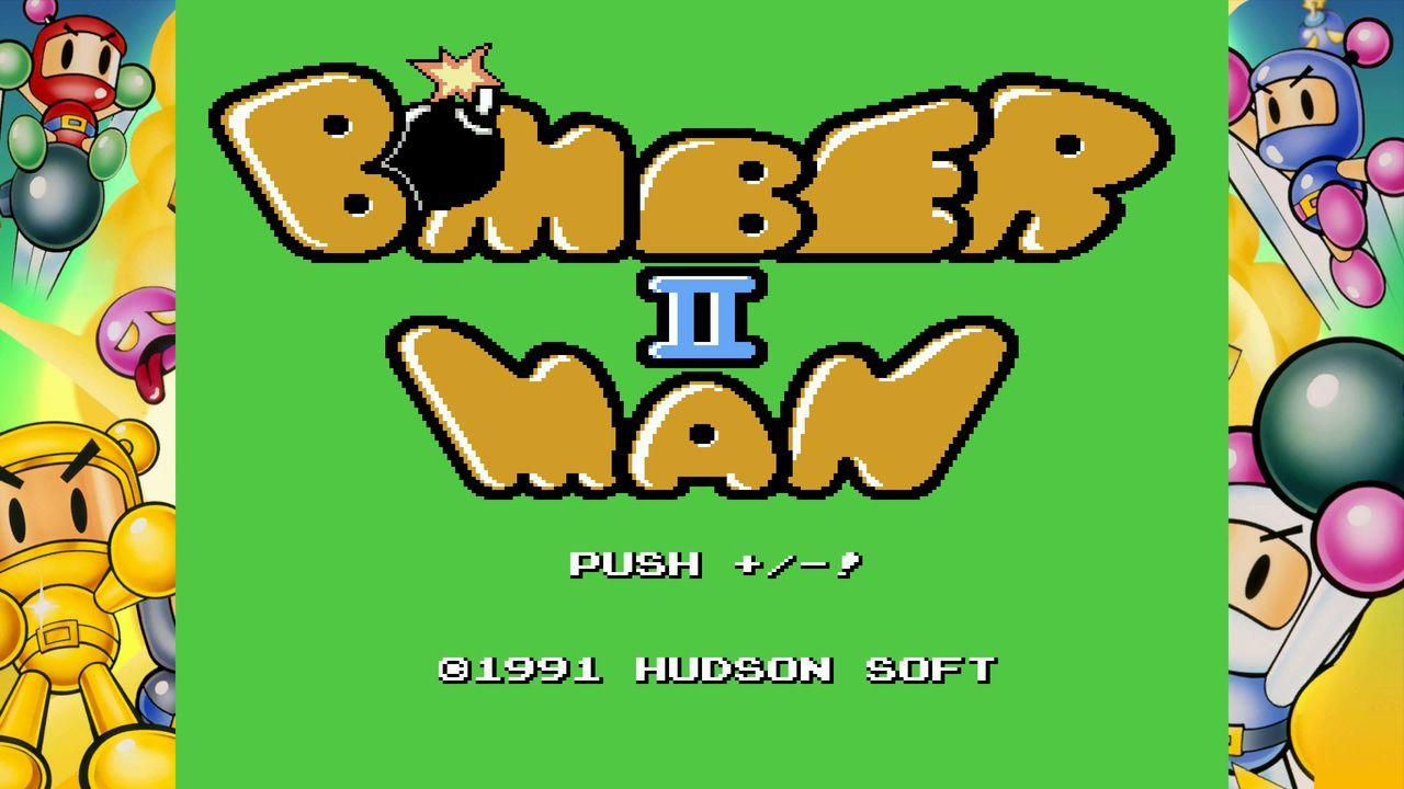 Bomberman II Titelbildschirm mit Pixelgrafik und Charakteren.