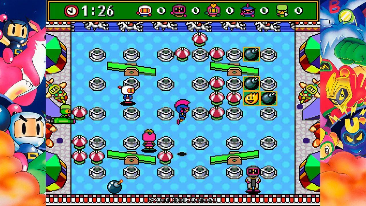 Bomberman-Spiel auf einem blauen, gepunkteten Spielfeld mit Hindernissen und Charakteren.