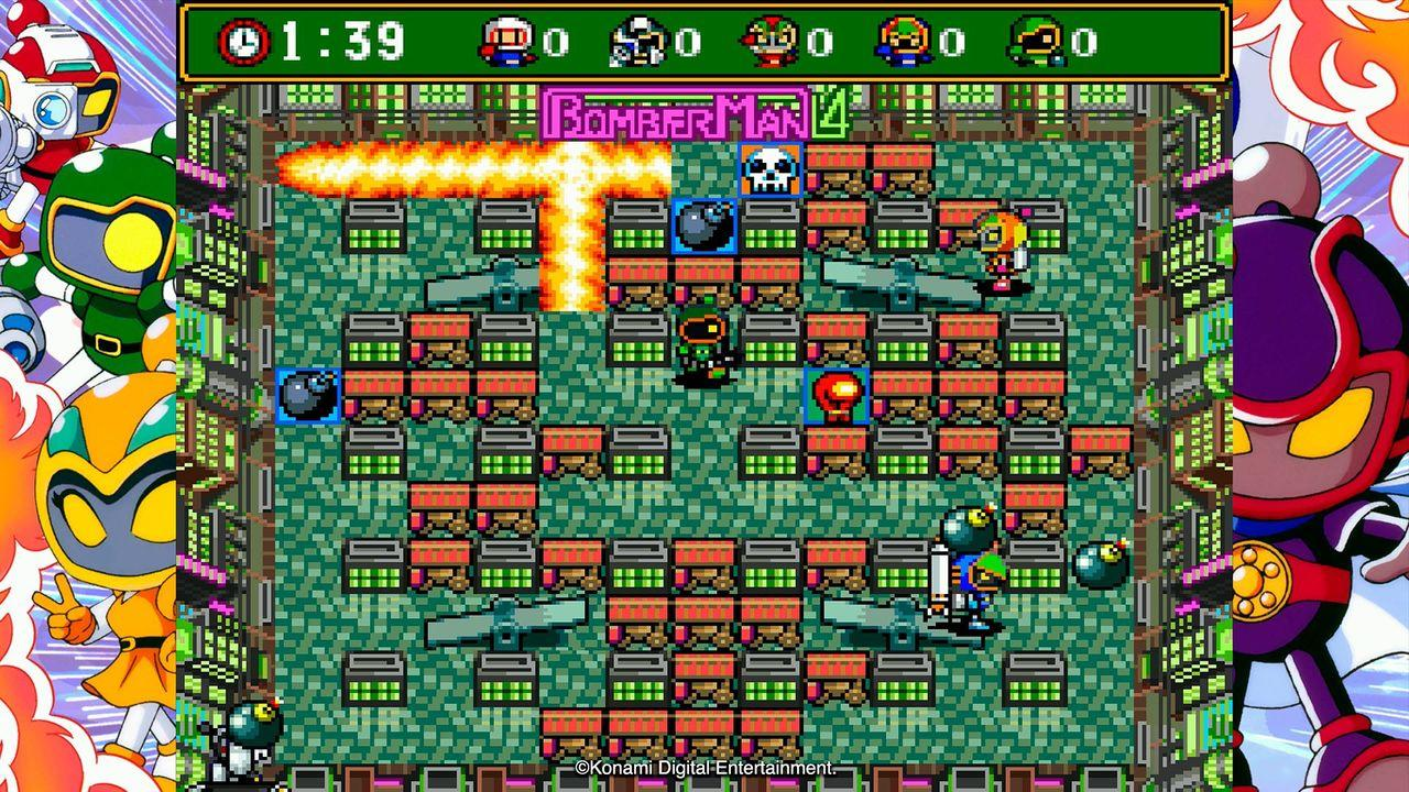 BomberMan 4 Spielszene mit Charakteren und Spielbrett.
