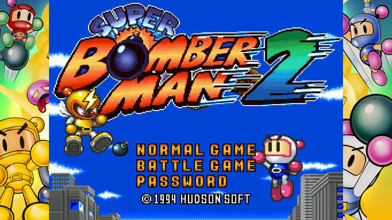 Super Bomberman 2 Spieltitel mit Optionen Normal Game, Battle Game, Password.