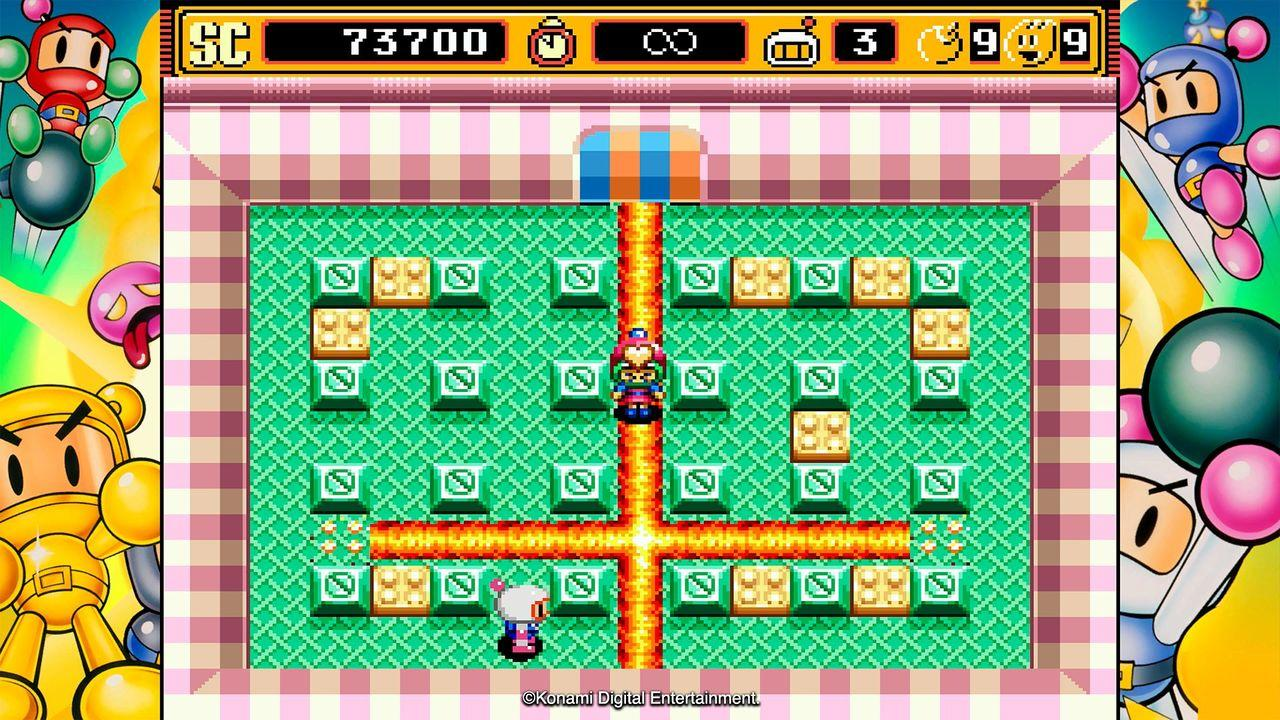 Bomberman-Spielbildschirm mit Charakteren und Spiel-UI.