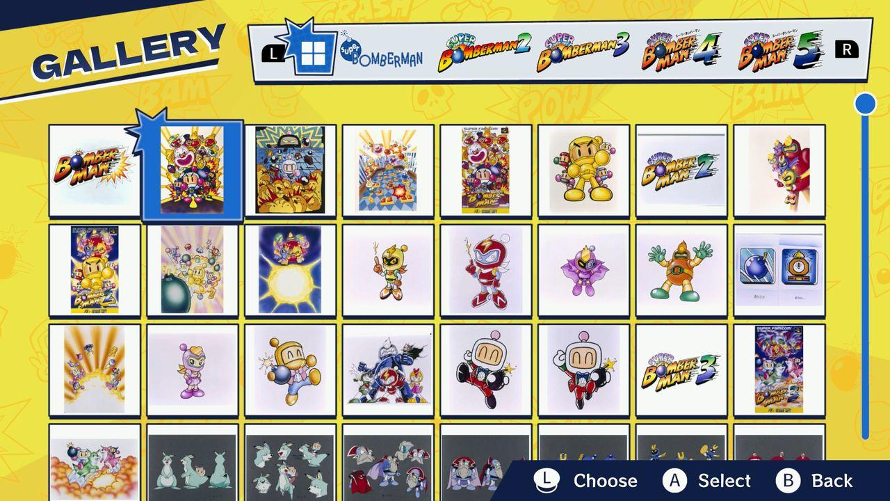 Screenshot eines Galeriemenüs mit Bomberman-Spielcovern und Charakterzeichnungen.