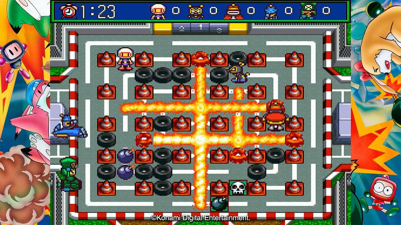 Pixel-Spiel mit Bomben, Kegeln und Reifen auf einer Rennstrecke.