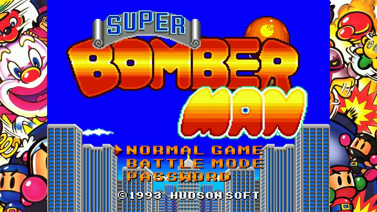 Super Bomberman-Titelbildschirm mit bunten Charakteren und Gebäudeabbildung.