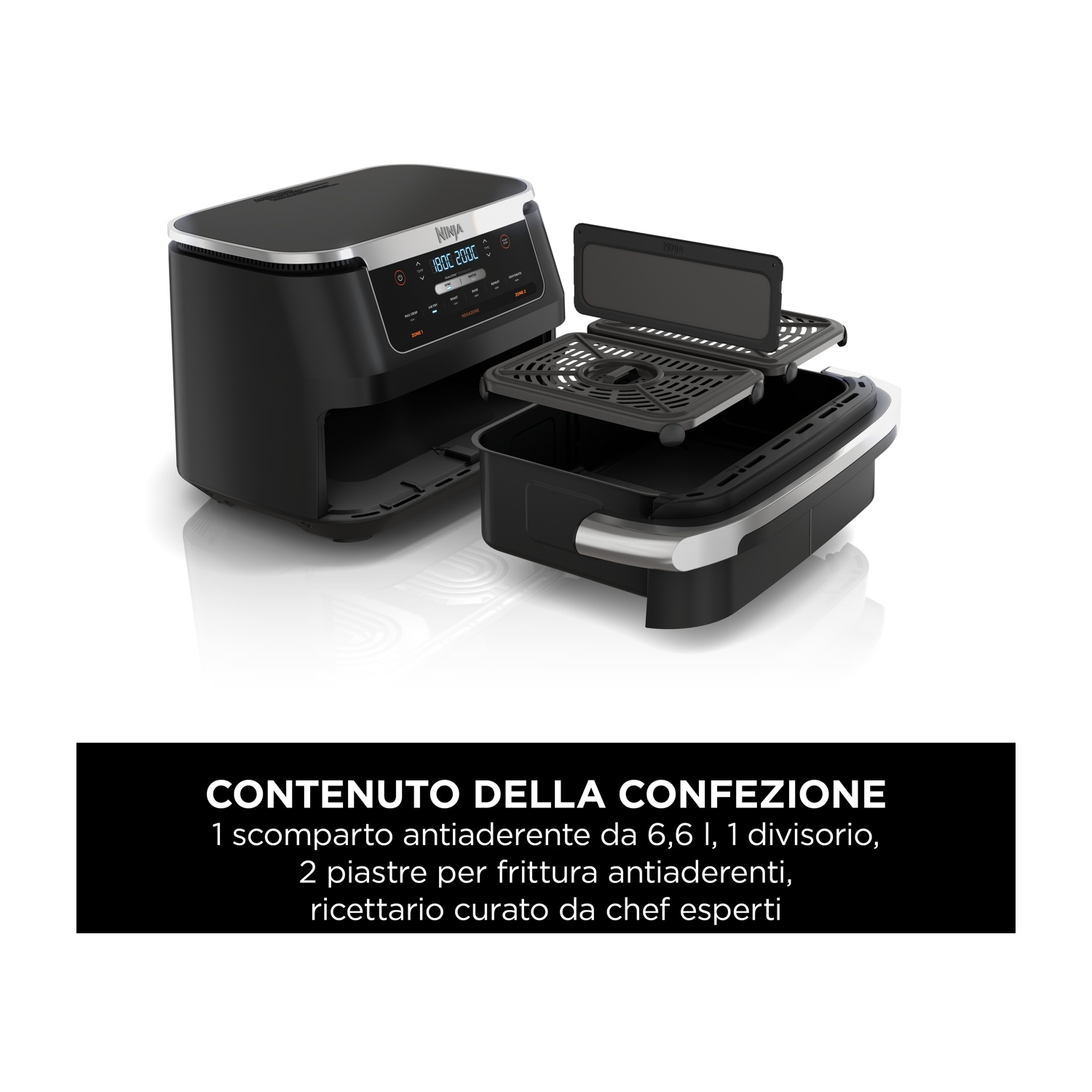 Friggitrice ad aria Ninja nera con accessori e display digitale.