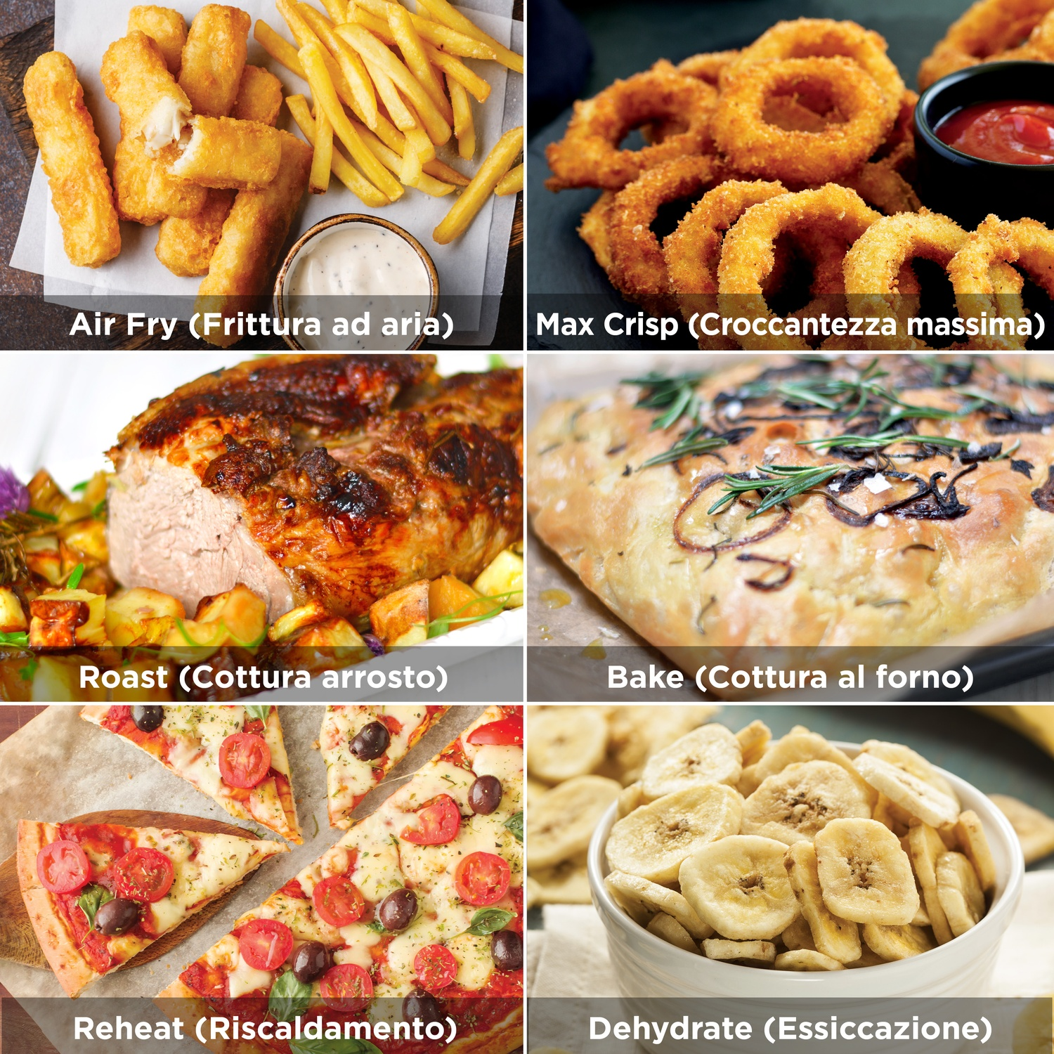 Bastoncini di pesce fritti e patatine, anelli di cipolla con salsa, arrosto con patate, focaccia, pizza e chips di banana.