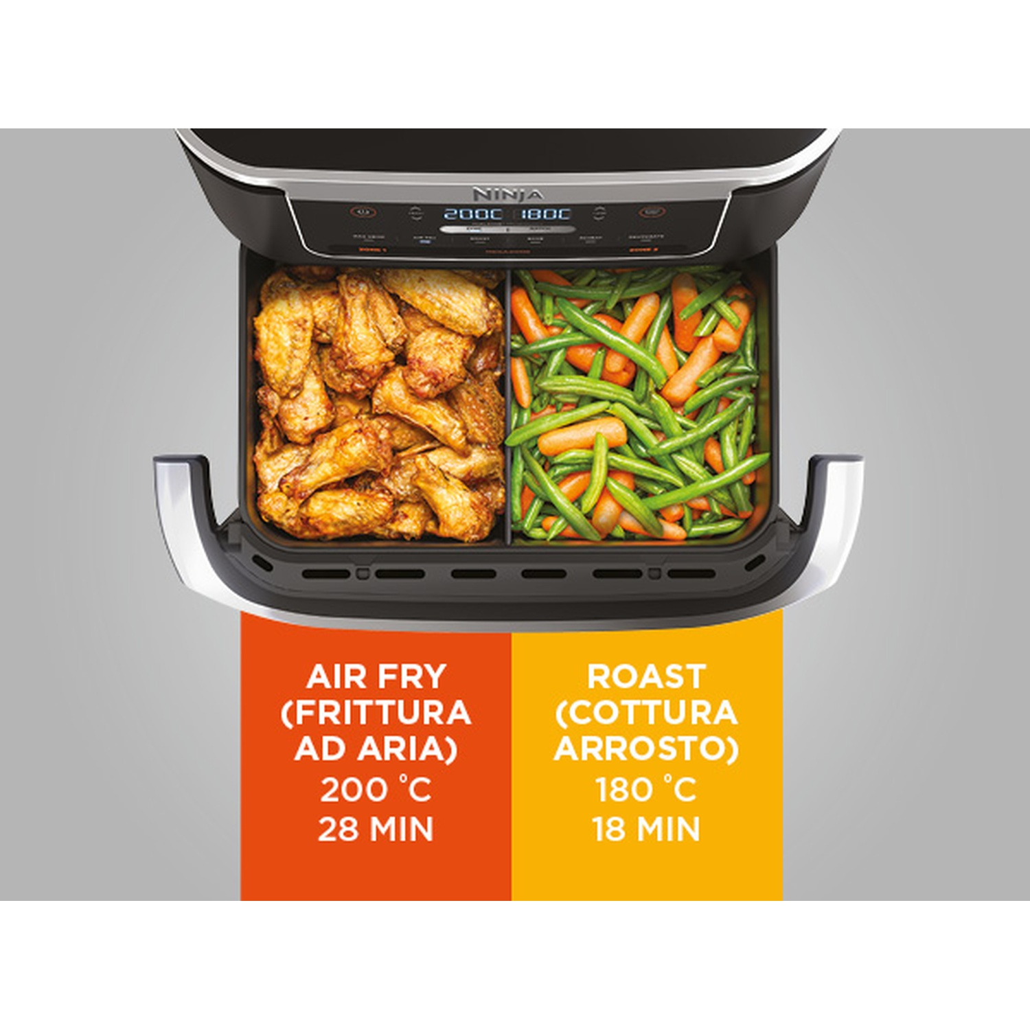 Friggitrice ad aria Ninja con alette di pollo e verdure. Sinistra: 200°C, 28 min. Destra: 180°C, 18 min.