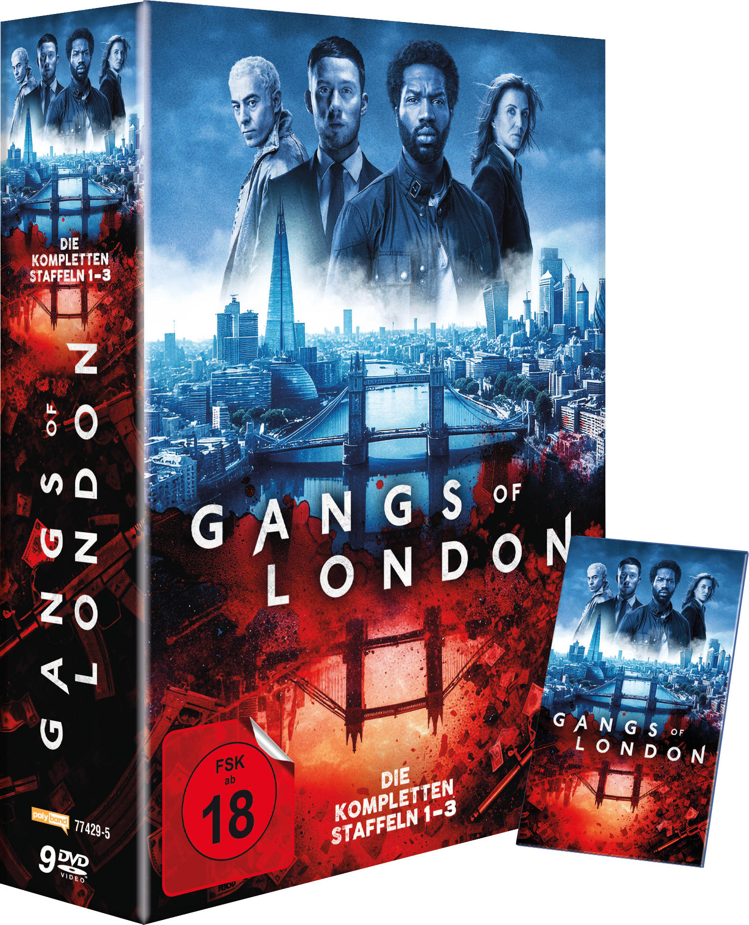 DVD-Box 'Gangs of London' mit Schauspielern vor Londoner Skyline und Tower Bridge.