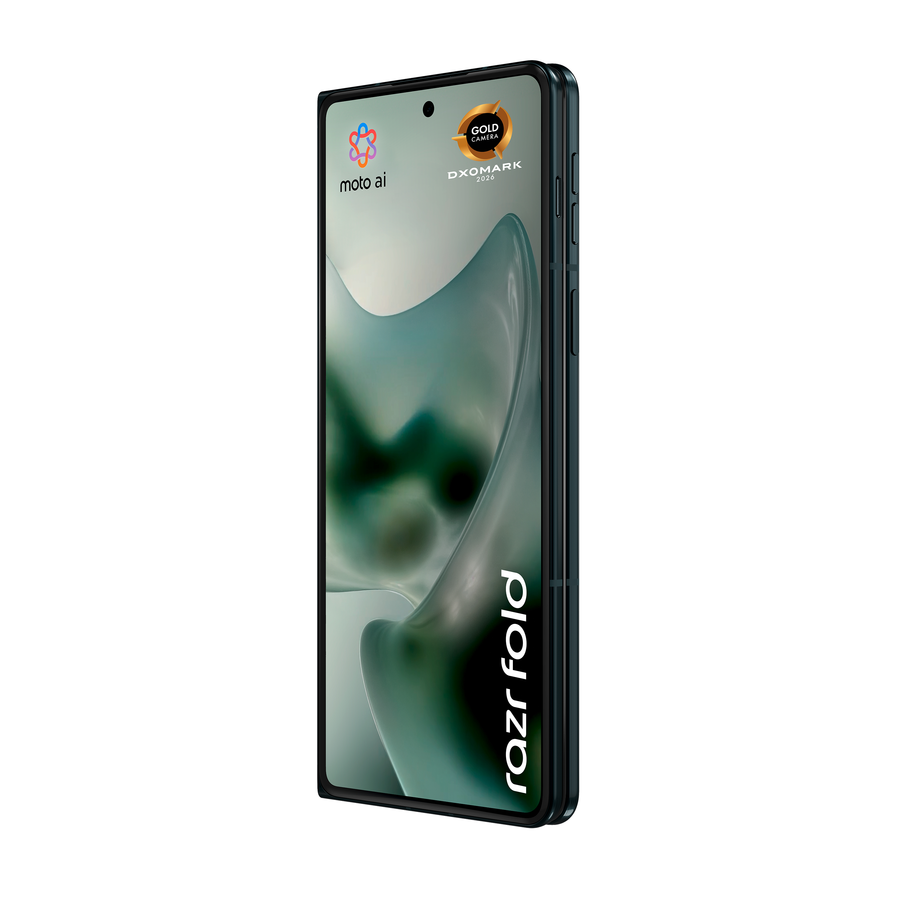 Ein dunkelblaues Klapphandy mit dem Schriftzug razr fold auf dem Bildschirm.