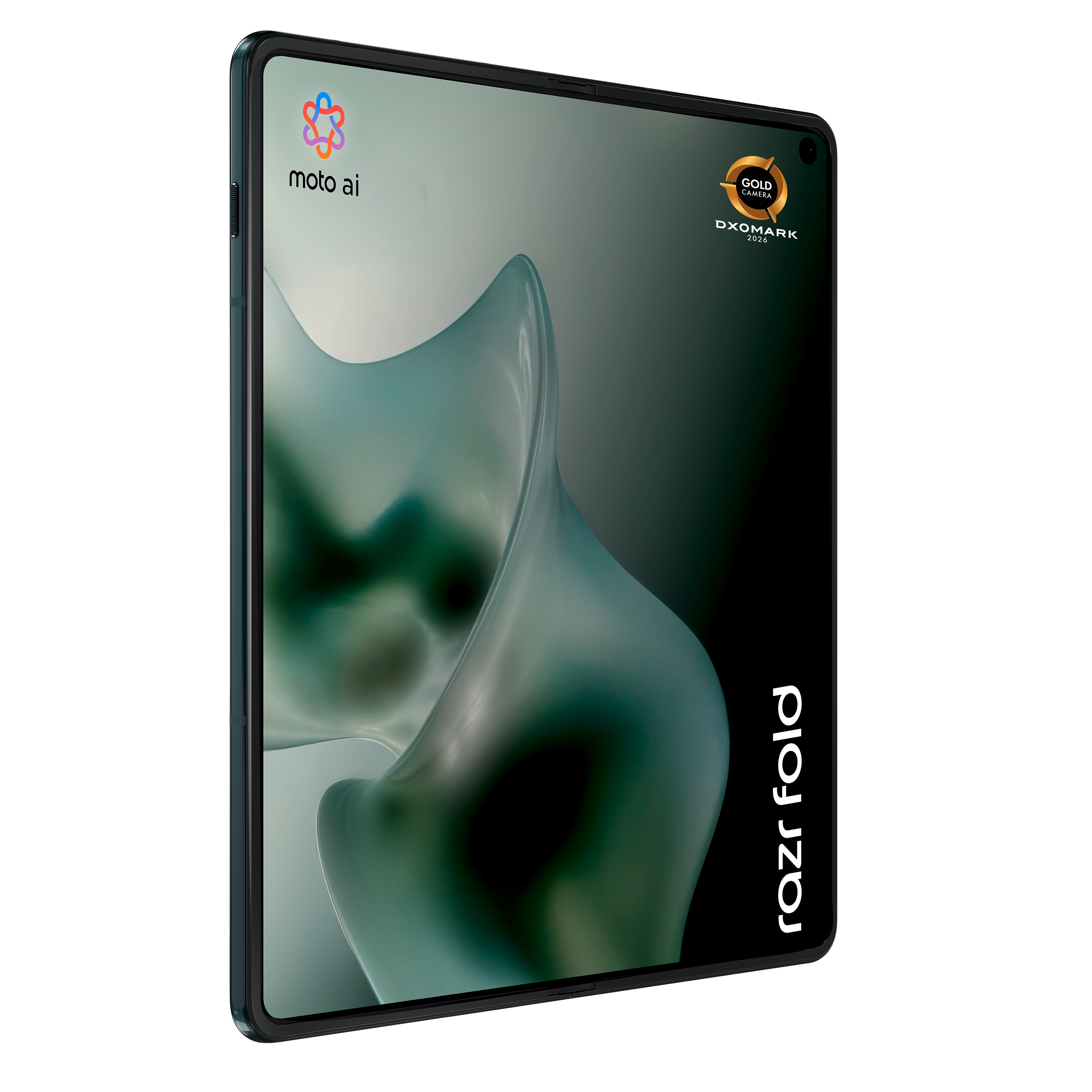 Ein gefaltetes Smartphone mit dem Schriftzug „razr fold“ und dem „moto ai“-Logo.