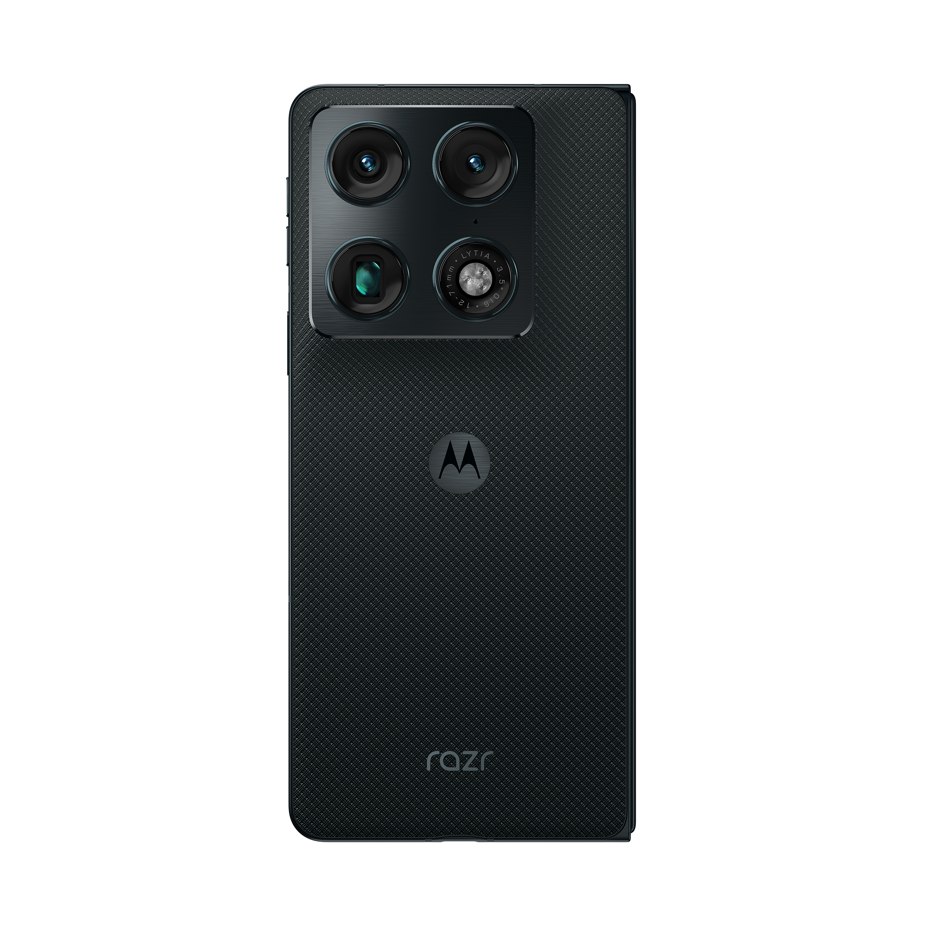 Rückseite eines schwarzen Motorola Razr Klapphandys mit Kameras und Logo.