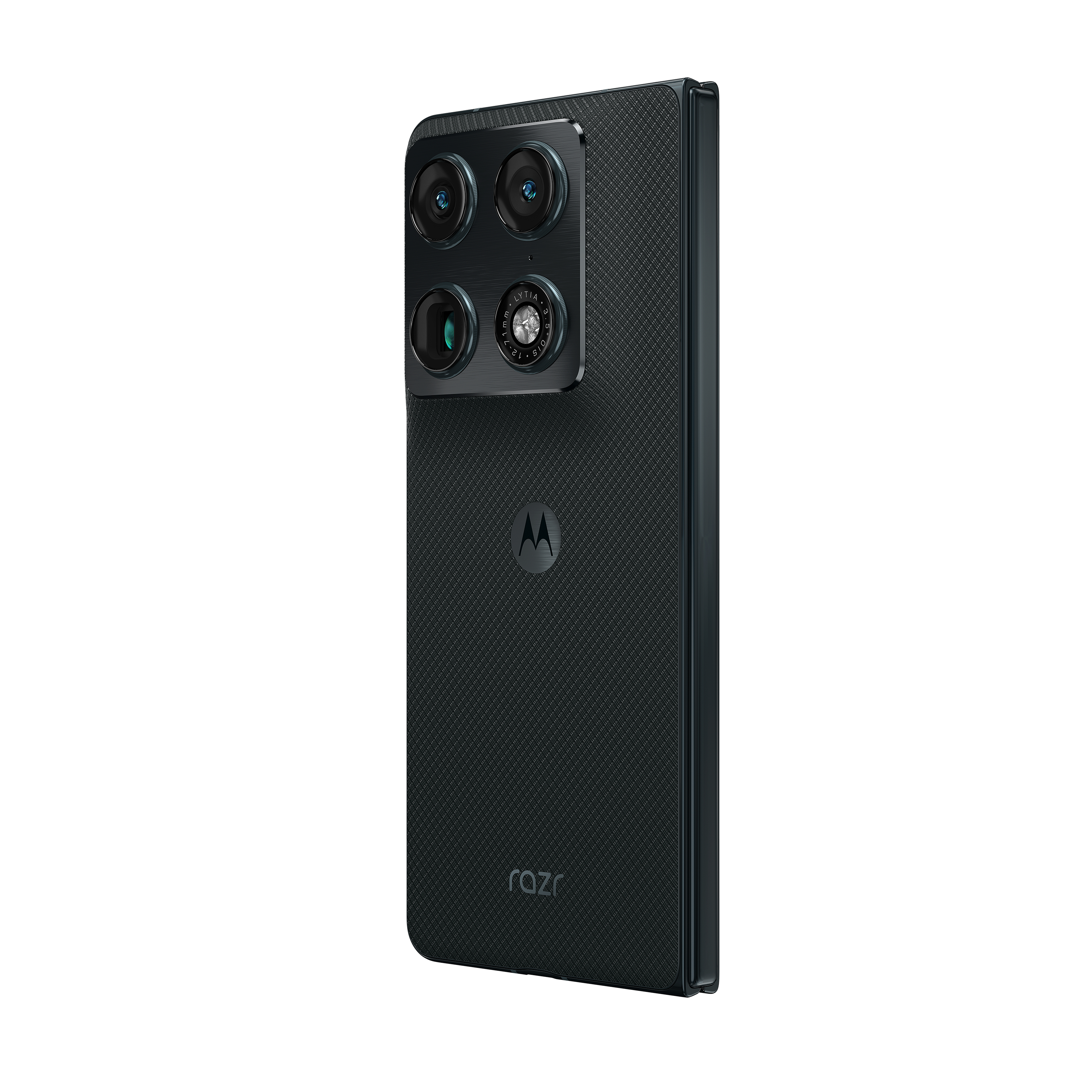 Rückseite eines schwarzen Motorola Razr-Smartphones mit zwei Kameras und Motorrad-Logo.
