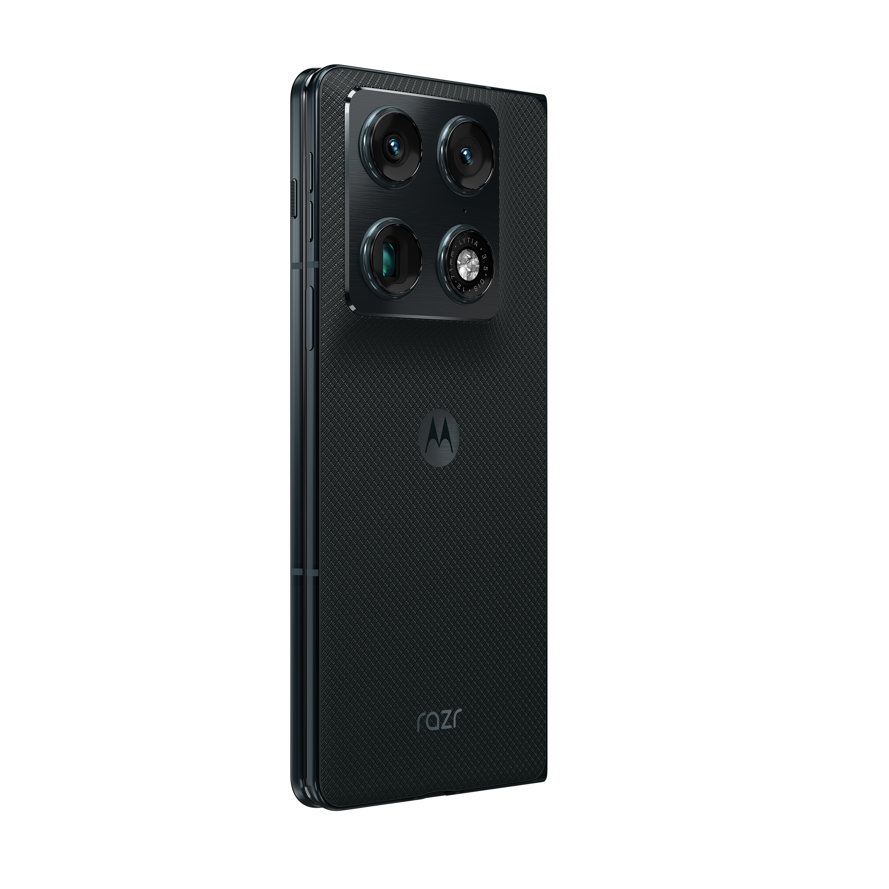 Dunkelgraues Motorola Razr Handy, gefaltet, mit strukturierter Rückseite und prominentem Kameramodul.