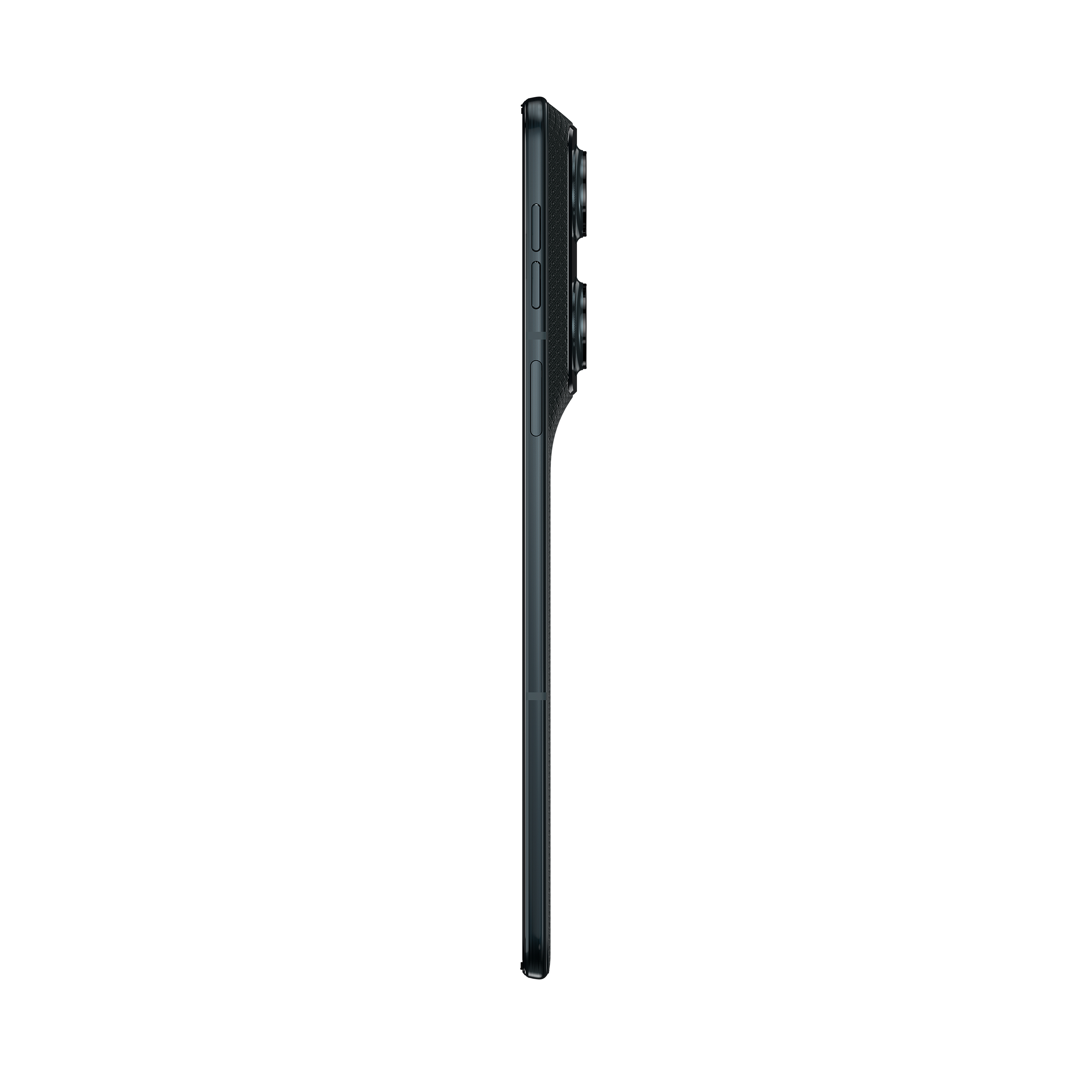 Dunkelgraues Smartphone von der Seite mit Kameramodul und Tasten.