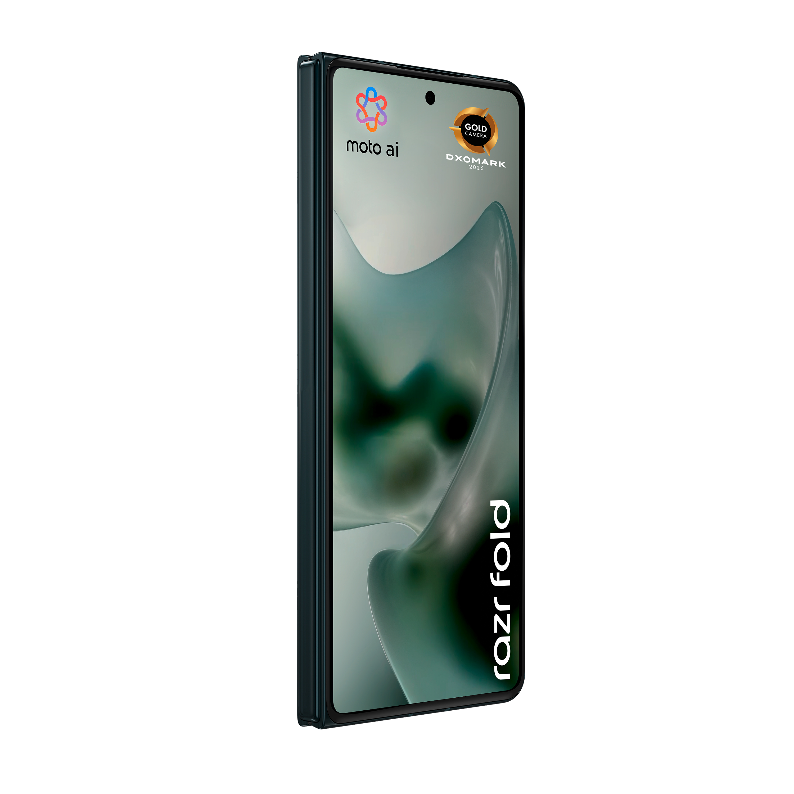 Ein dunkles Motorola Razr Fold Smartphone mit Logos auf dem Bildschirm.