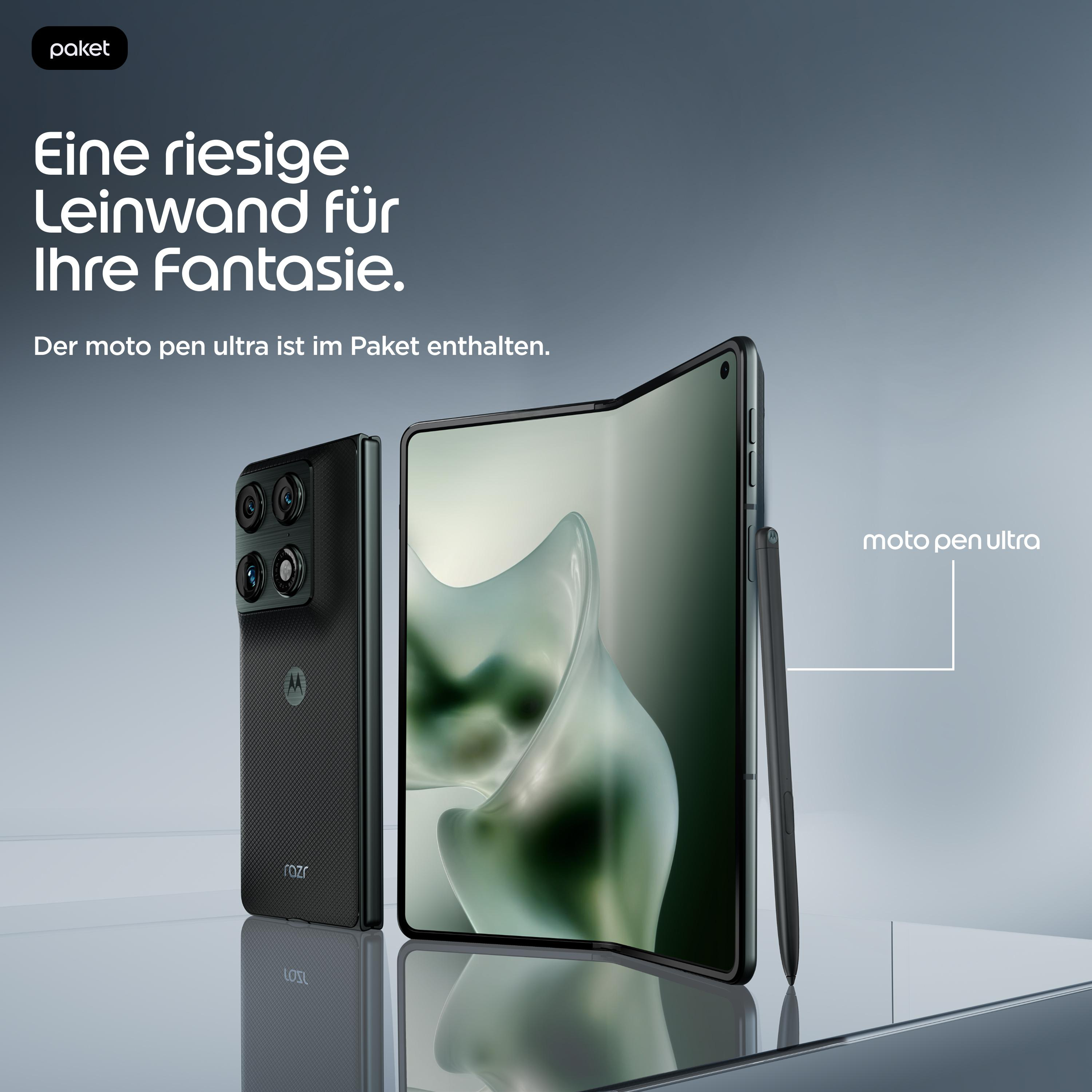 Ein faltbares Smartphone mit Stift. Der Bildschirm ist groß und hell.