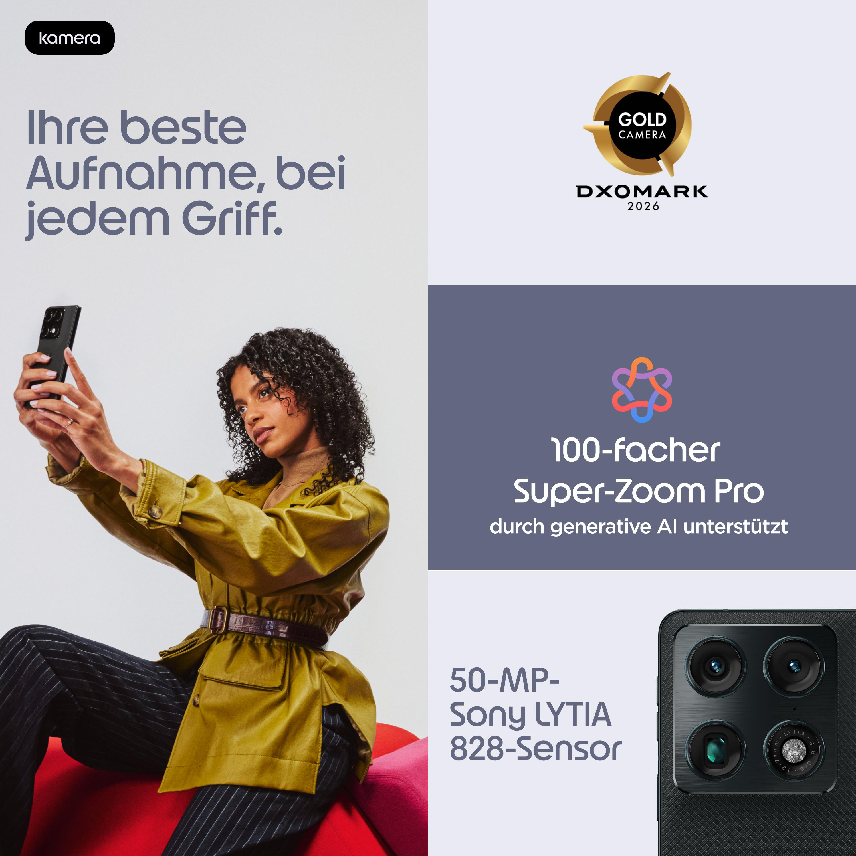 Frau macht Selfie mit Smartphone, Kamera-Logo, DXOMARK Gold Camera.