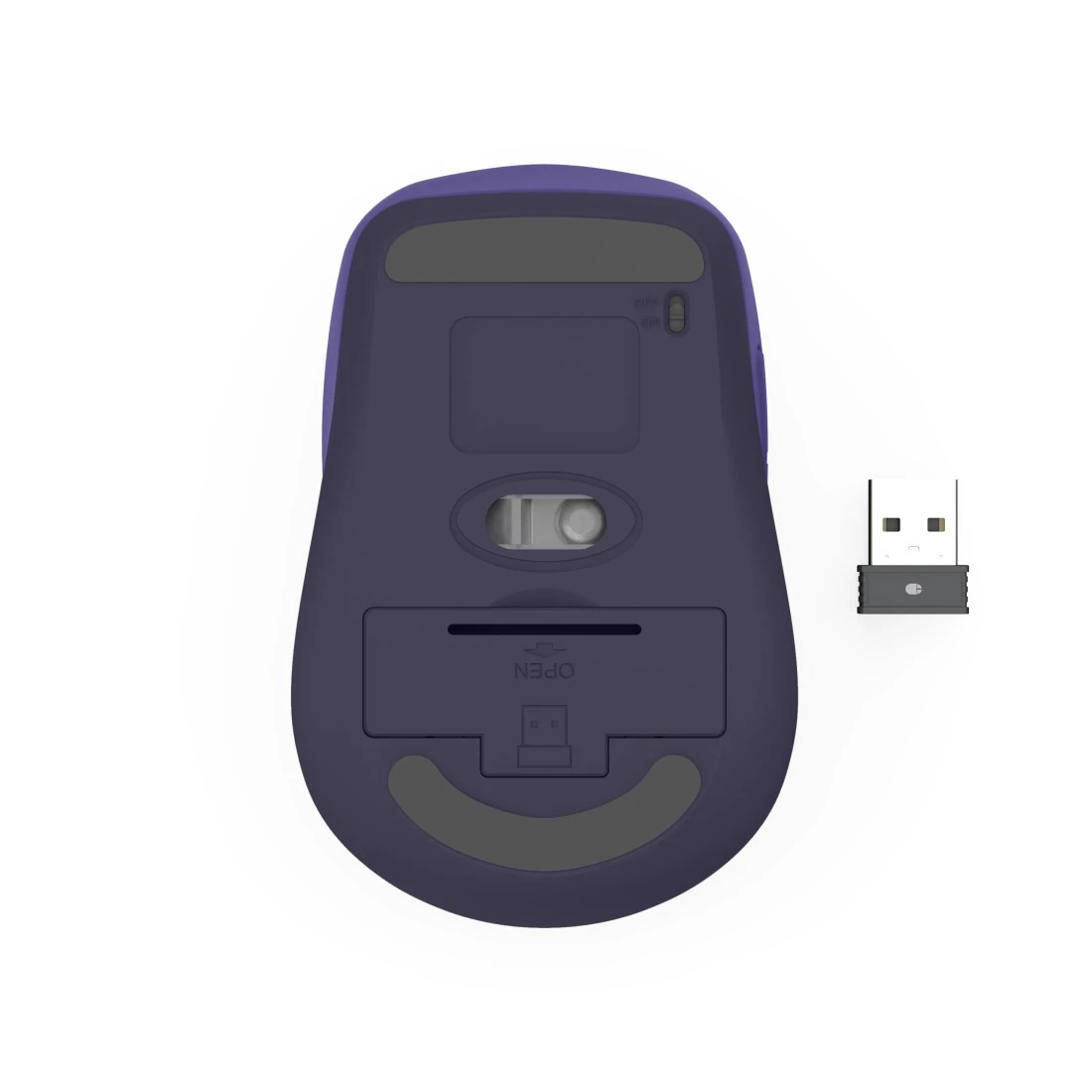 Spód fioletowej myszy z odbiornikiem USB obok.