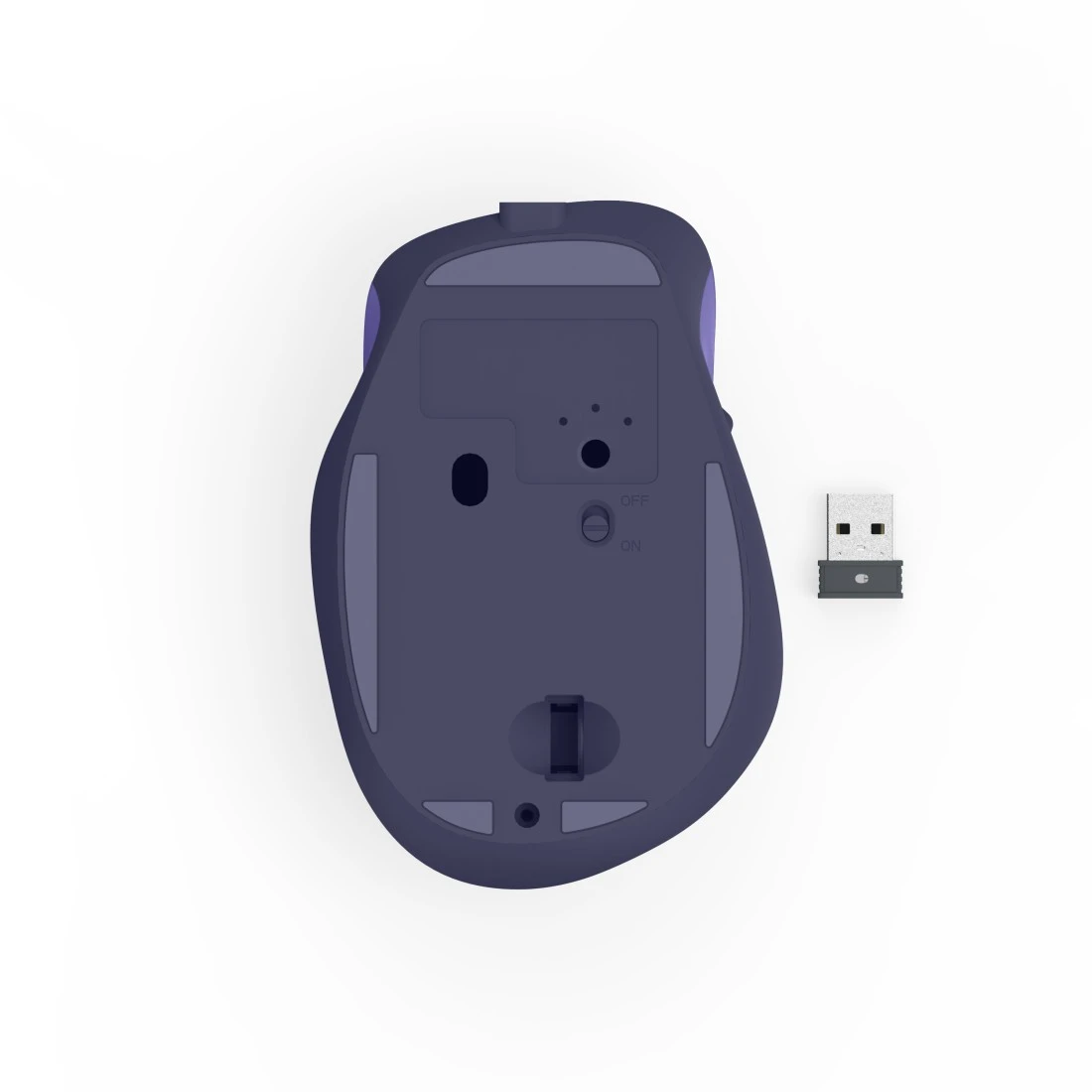 Spód fioletowej myszy komputerowej z przełącznikiem włączania/wyłączania i odbiornikiem USB obok.