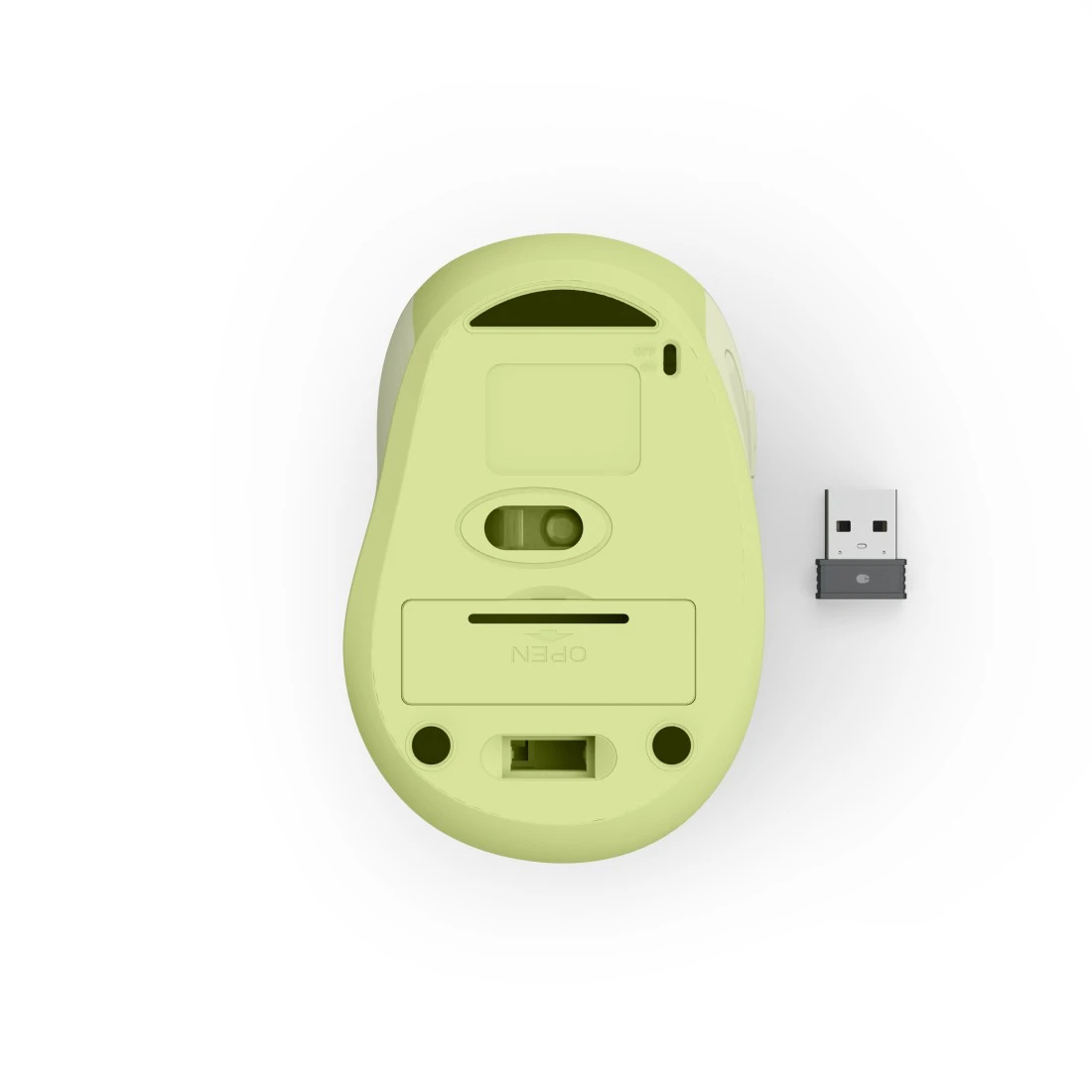 Spód jasnoturkusowej myszy z odbiornikiem USB obok.