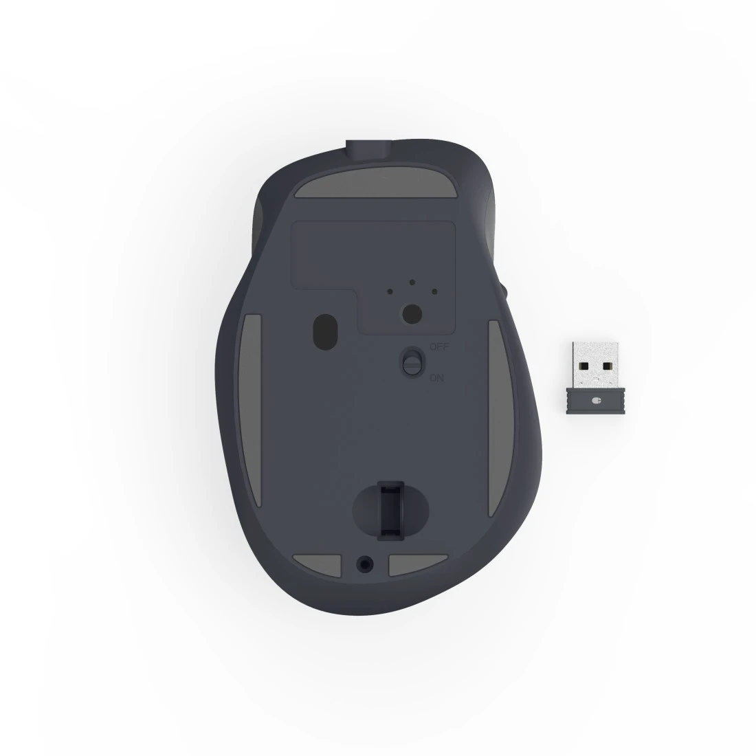 Ciemnoszary spód myszy z donglem USB obok. Widoczny włącznik/wyłącznik.