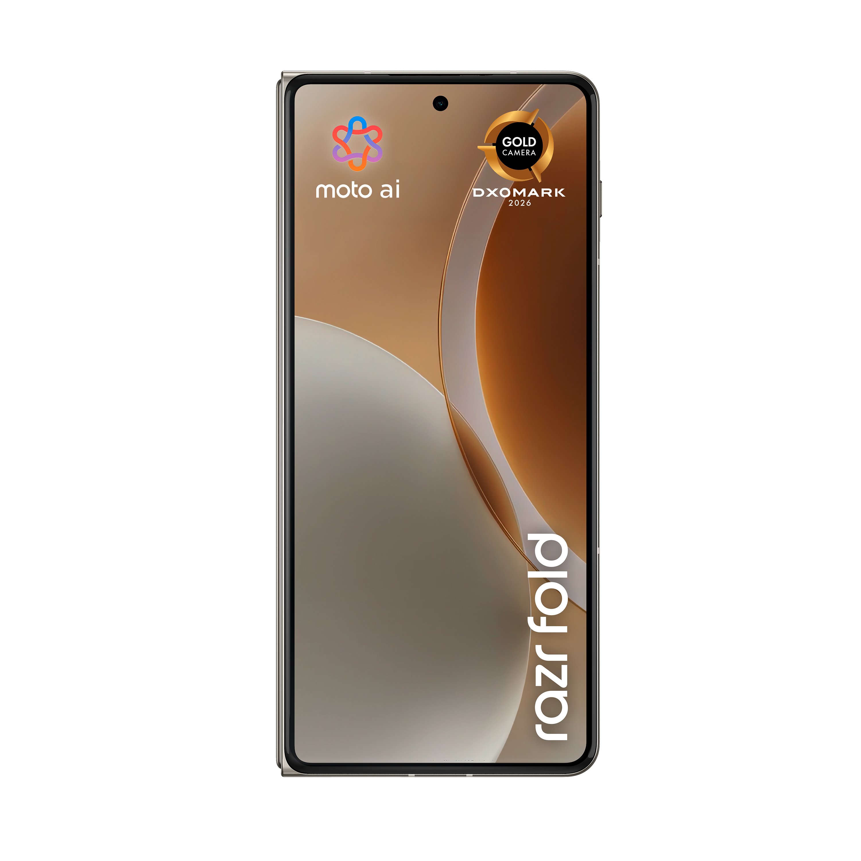 Geschlossenes Motorola Razr Fold Smartphone mit Gold Camera DXOMARK Siegel.