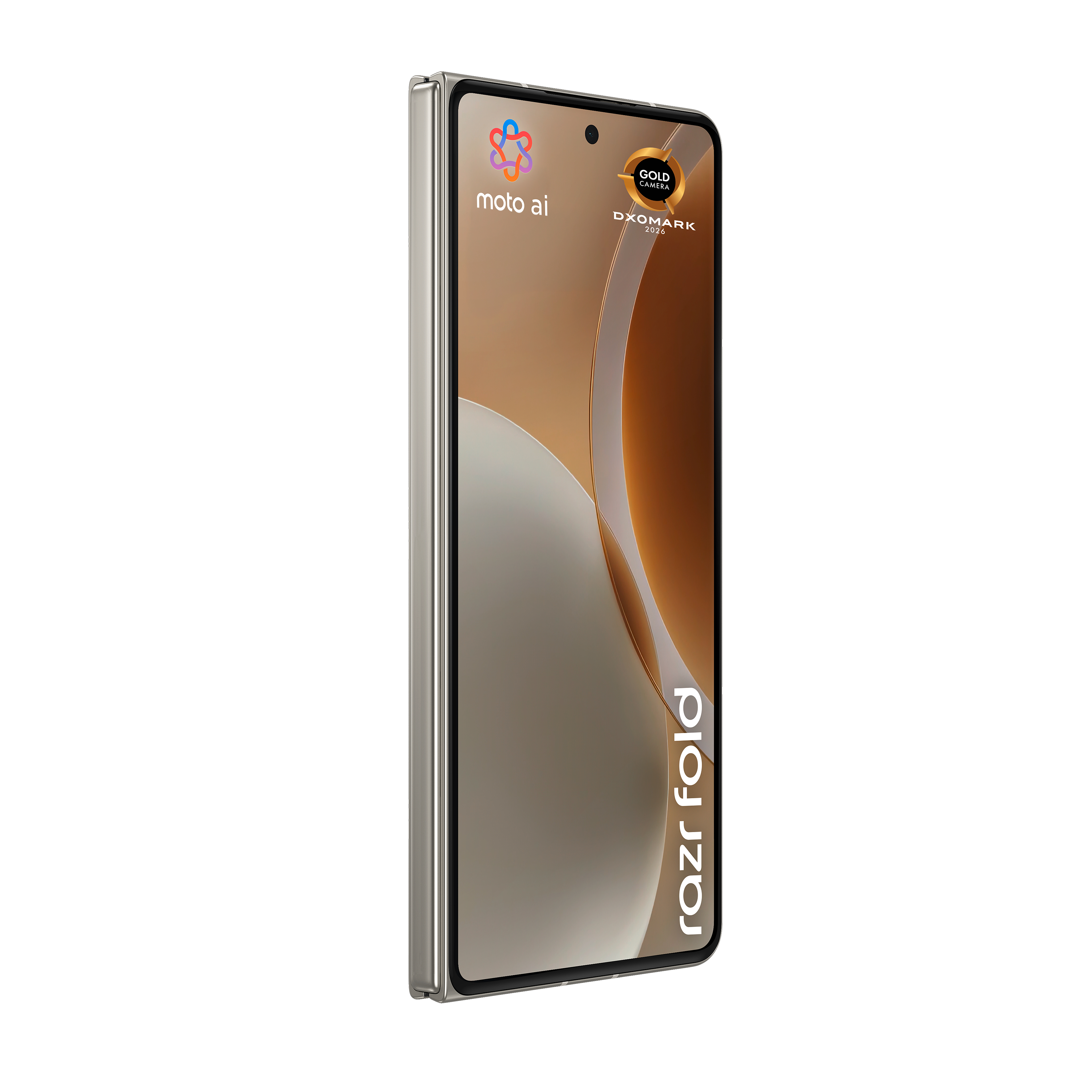 Ein geschlossenes silbernes Motorola Razr Fold Smartphone mit Logo und Schriftzug.