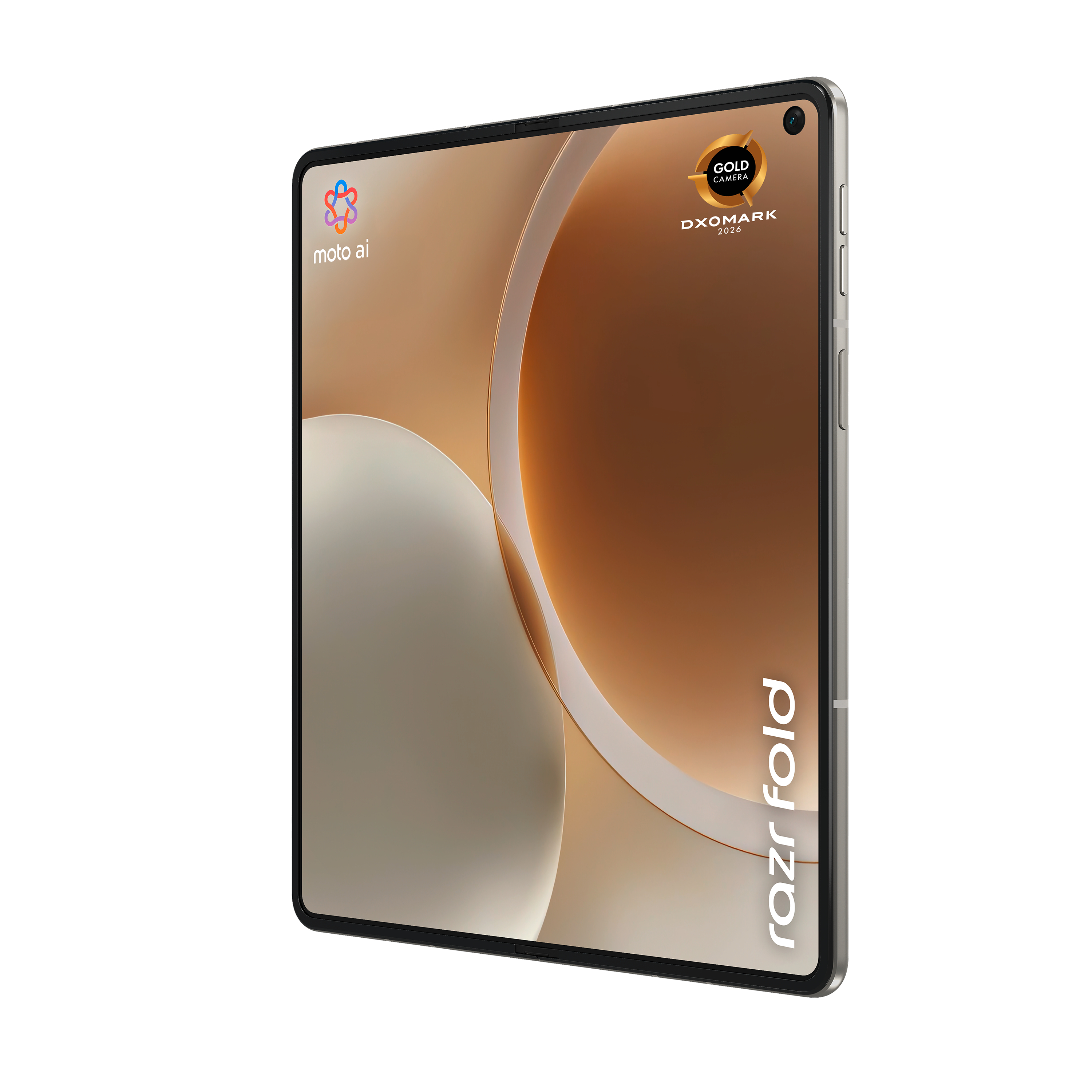Ein aufrecht stehendes, silbernes faltbares Smartphone mit "razr fold"-Schriftzug.