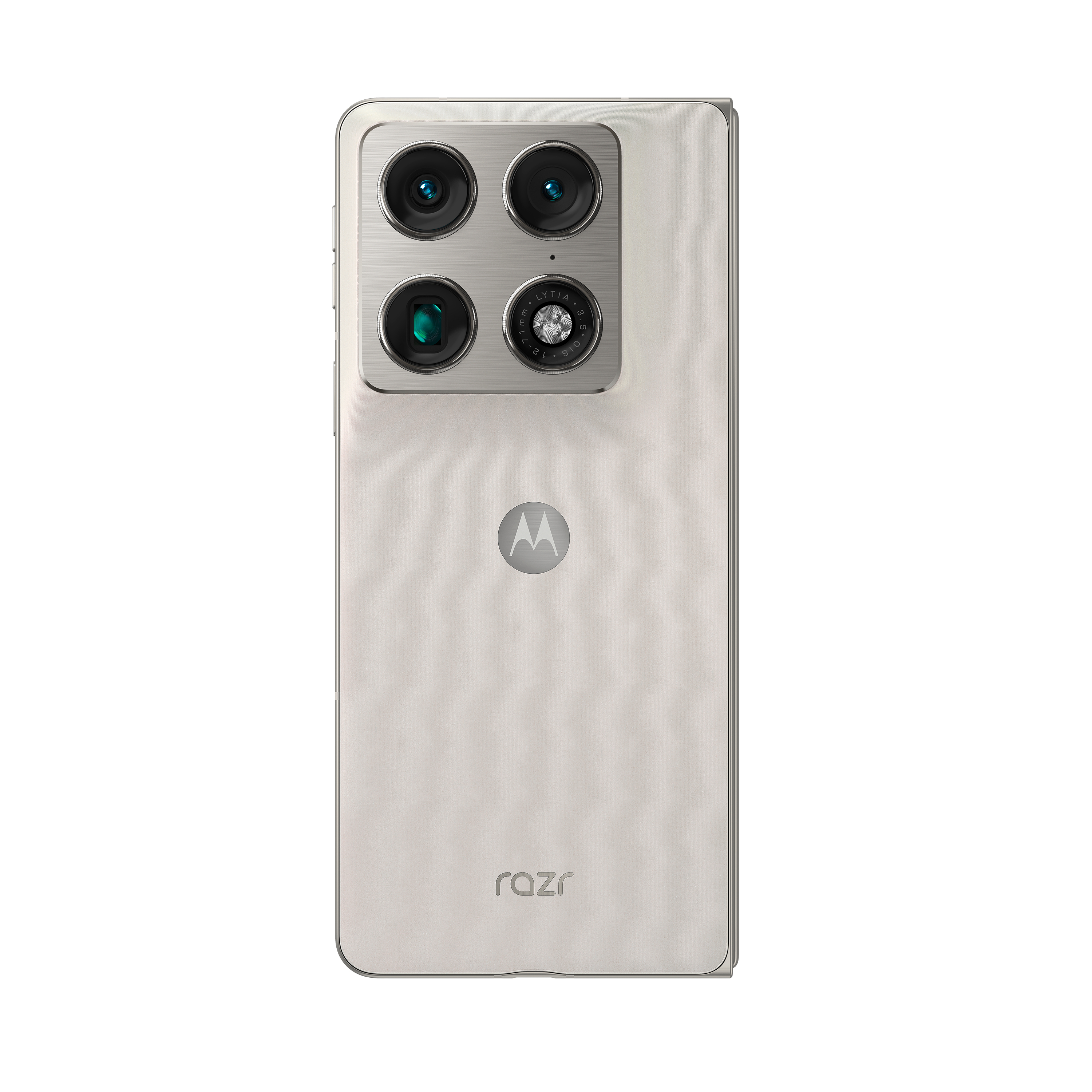 Rückseite eines hellbeigen Motorola Razr-Handys mit zweifacher Kamera und Logo.