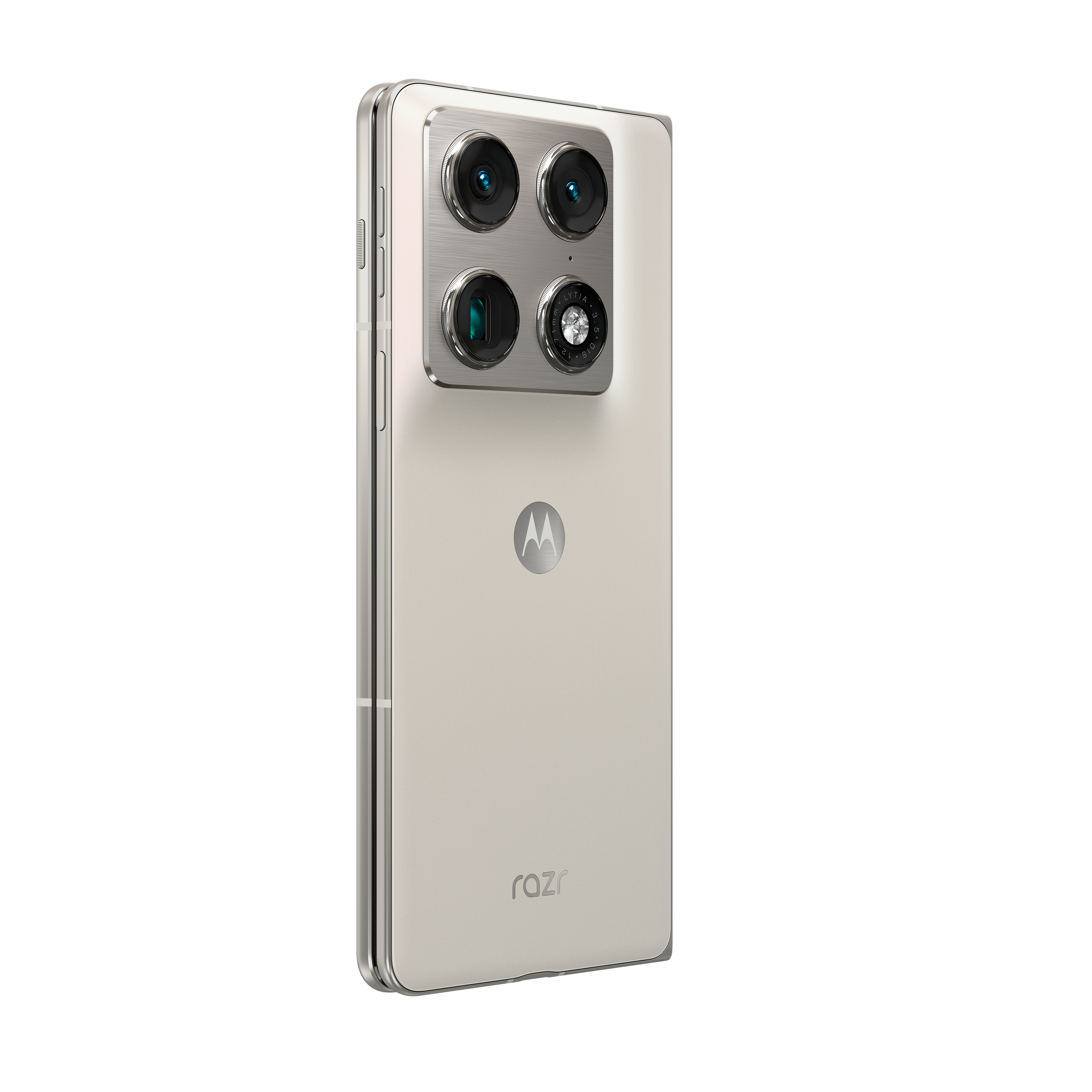 Ein hellbraunes Motorola Razr Smartphone mit silbernen Akzenten.