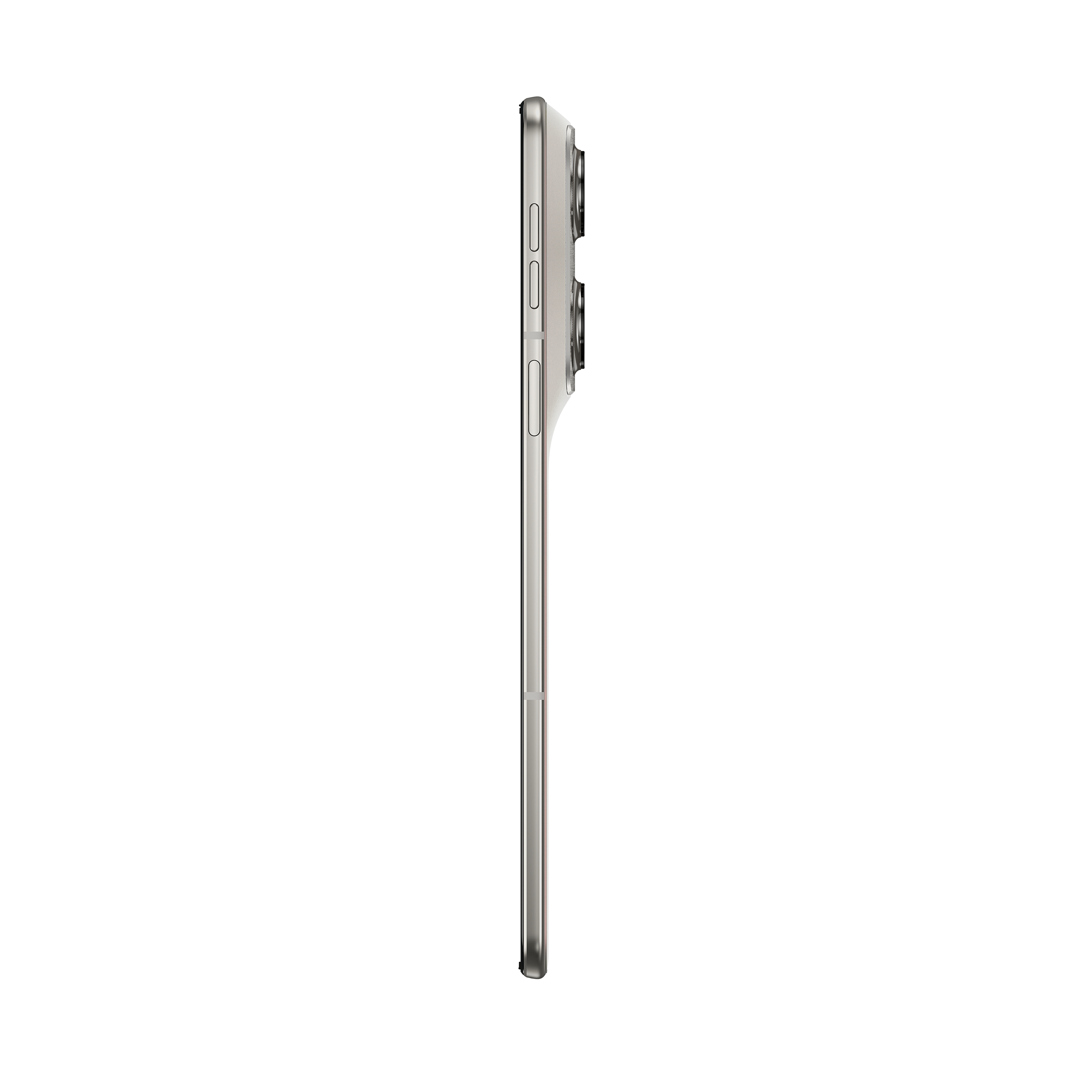 Silbernes Smartphone von der Seite mit Kameramodul.