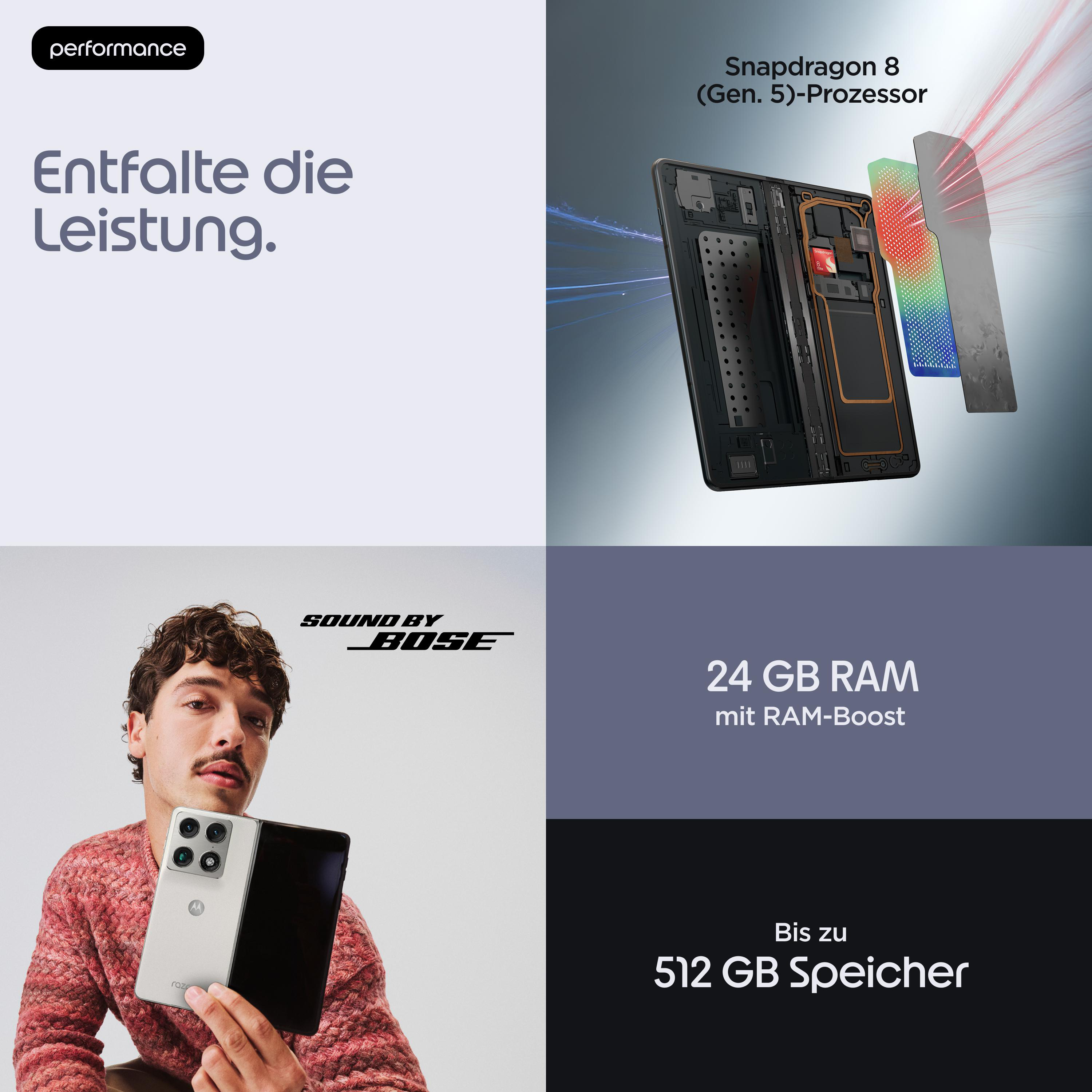Mann hält Smartphone, Prozessor, RAM und Speicherangaben.