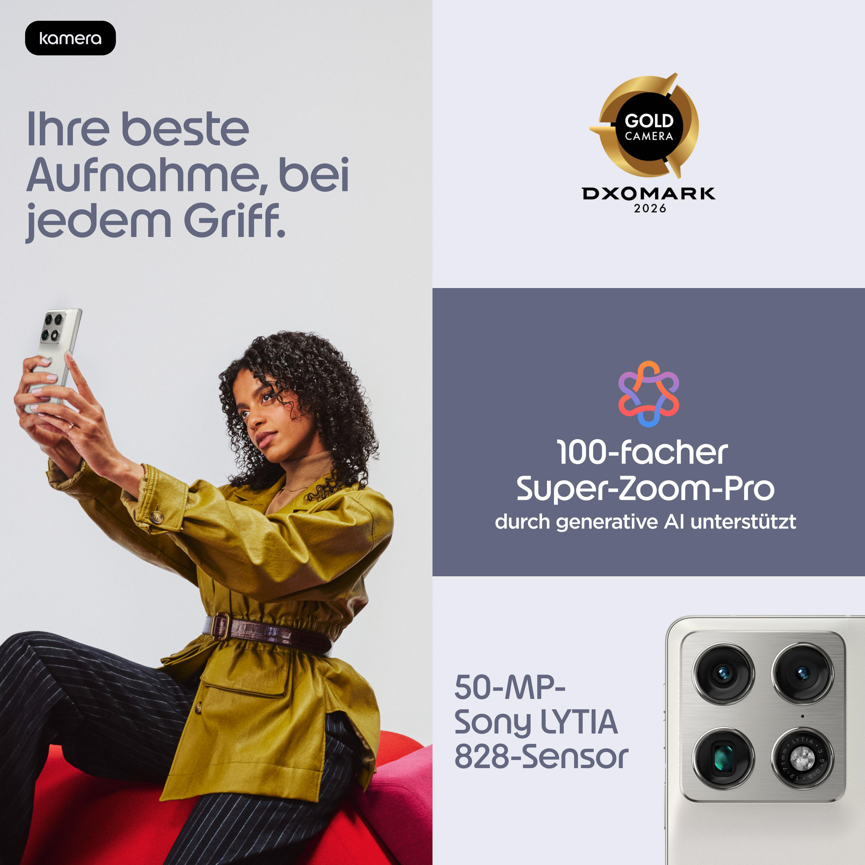 Frau macht Selfie mit neuem Handy, 100x Zoom Pro, Sony Sensor, DXOMARK Gold.